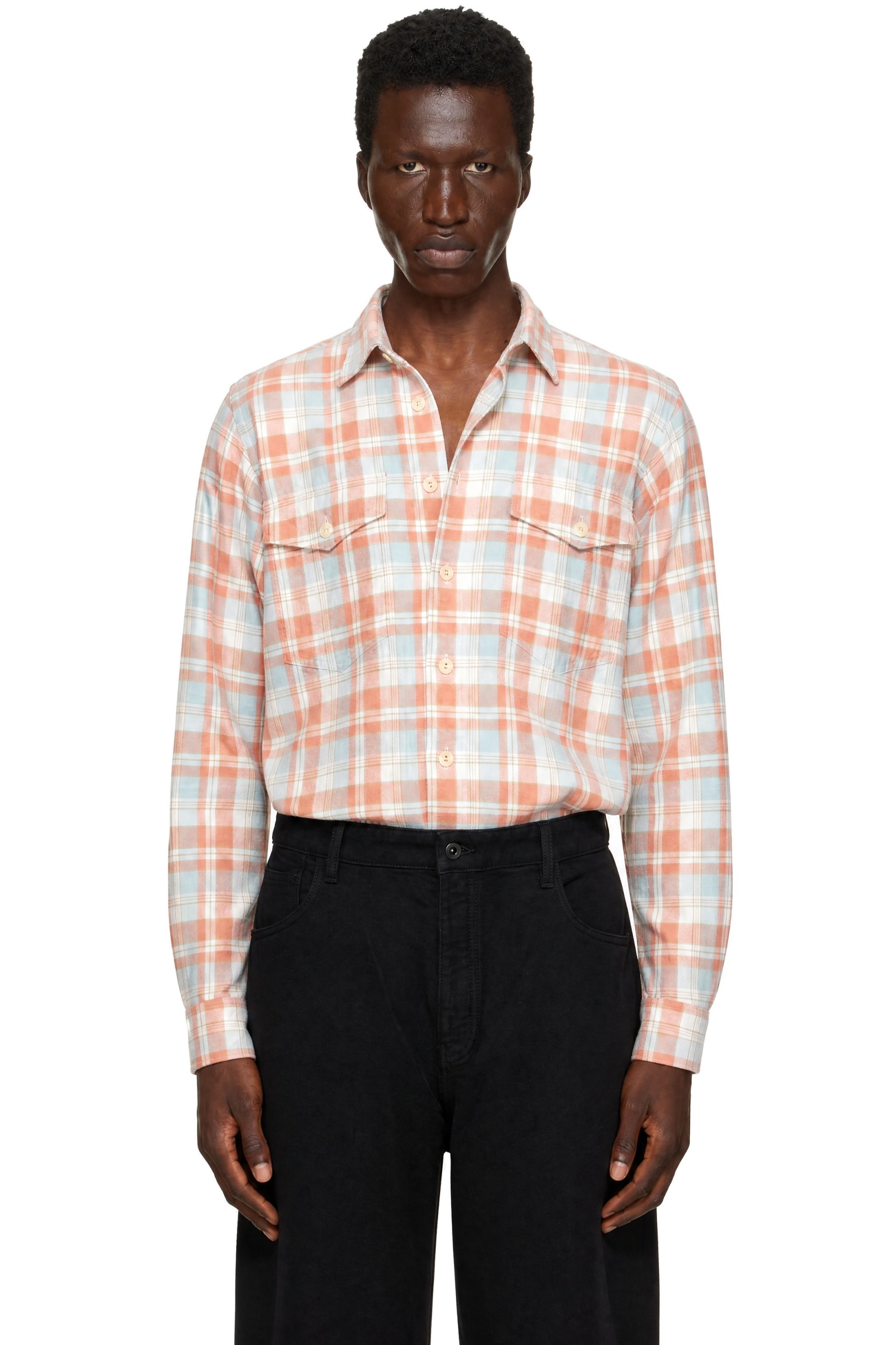 Drake's - Pink & Blue Check Cotton Two-Pocket Long Point Collar Work Shirt