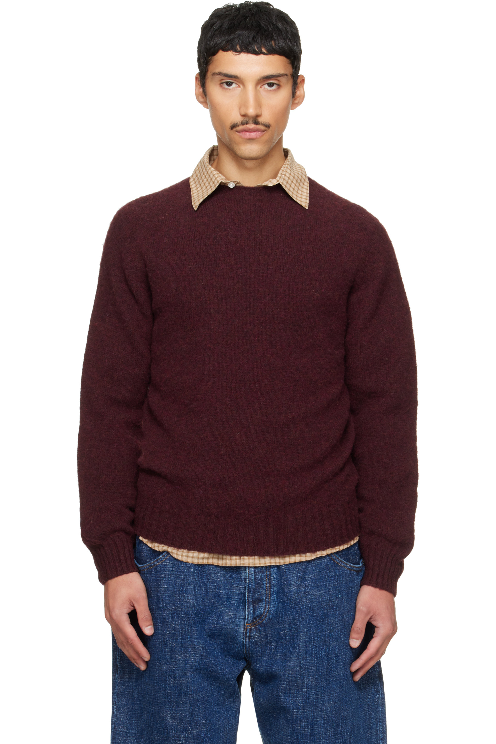 Drake's - Burgundy Brushed Shetland Crew Neck Sweater