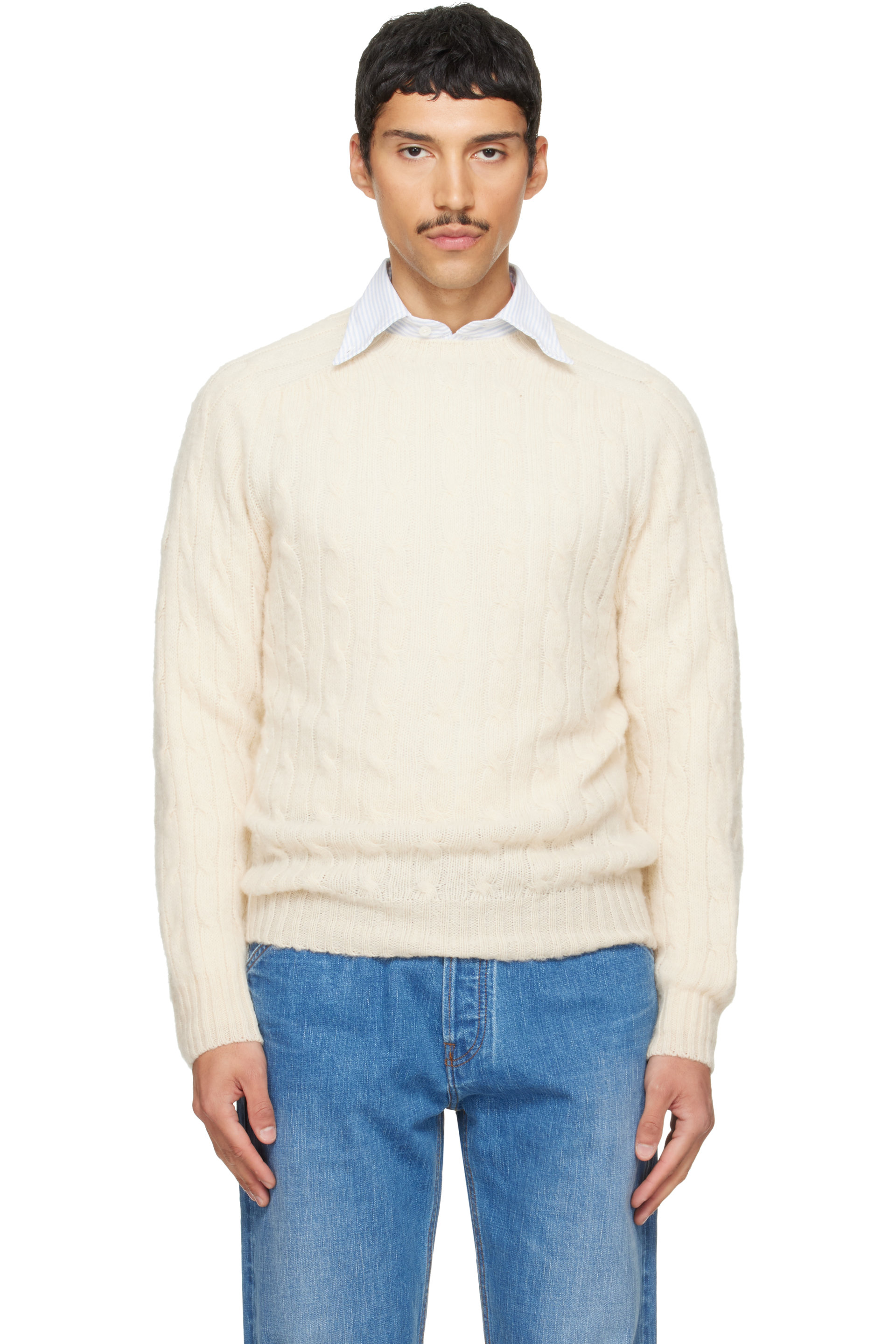 Drake's - Off-White Brushed Shetland Cable Knit Sweater