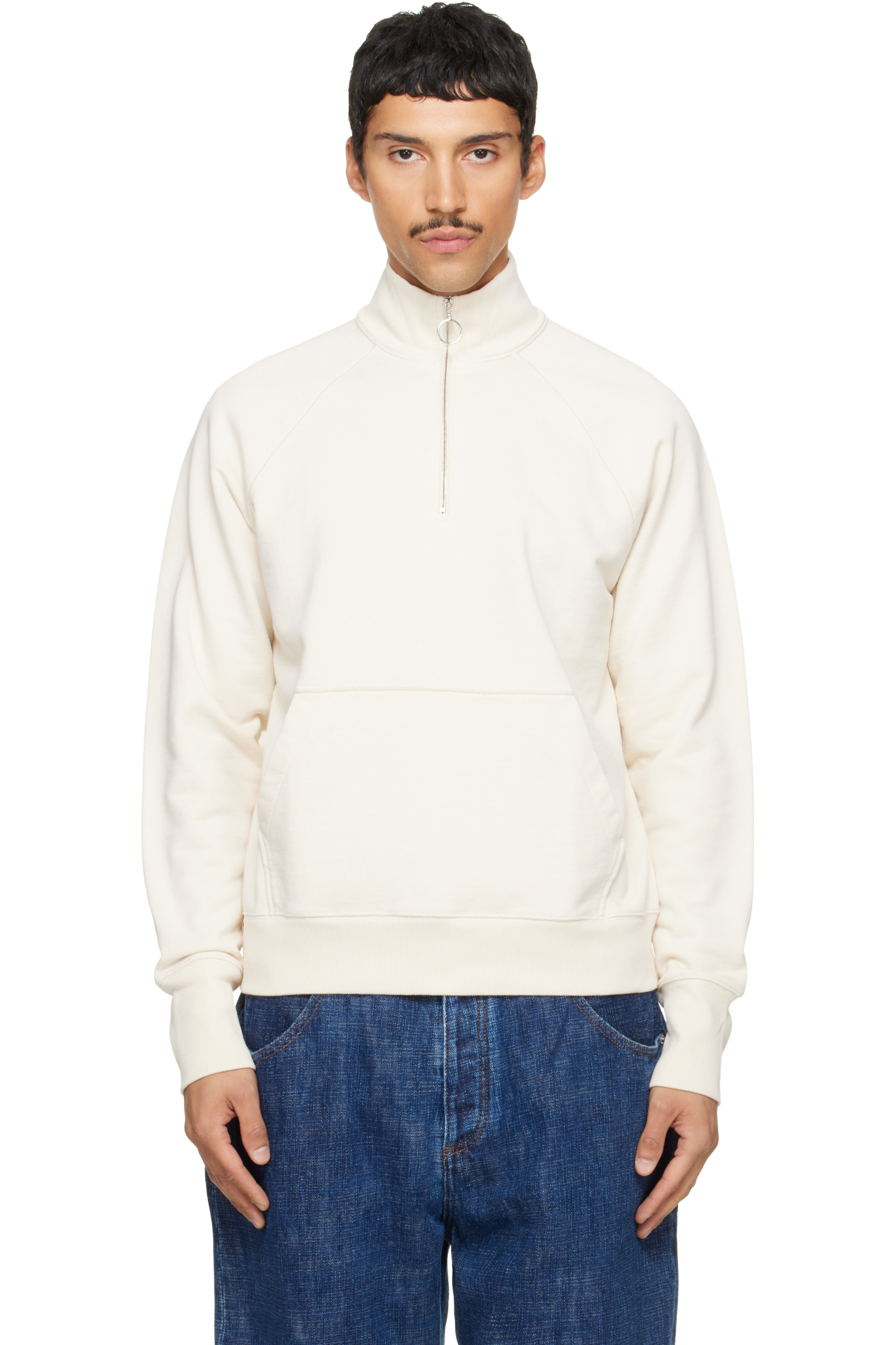 Drake's - White Cotton Quarter Zip Sweatshirt
