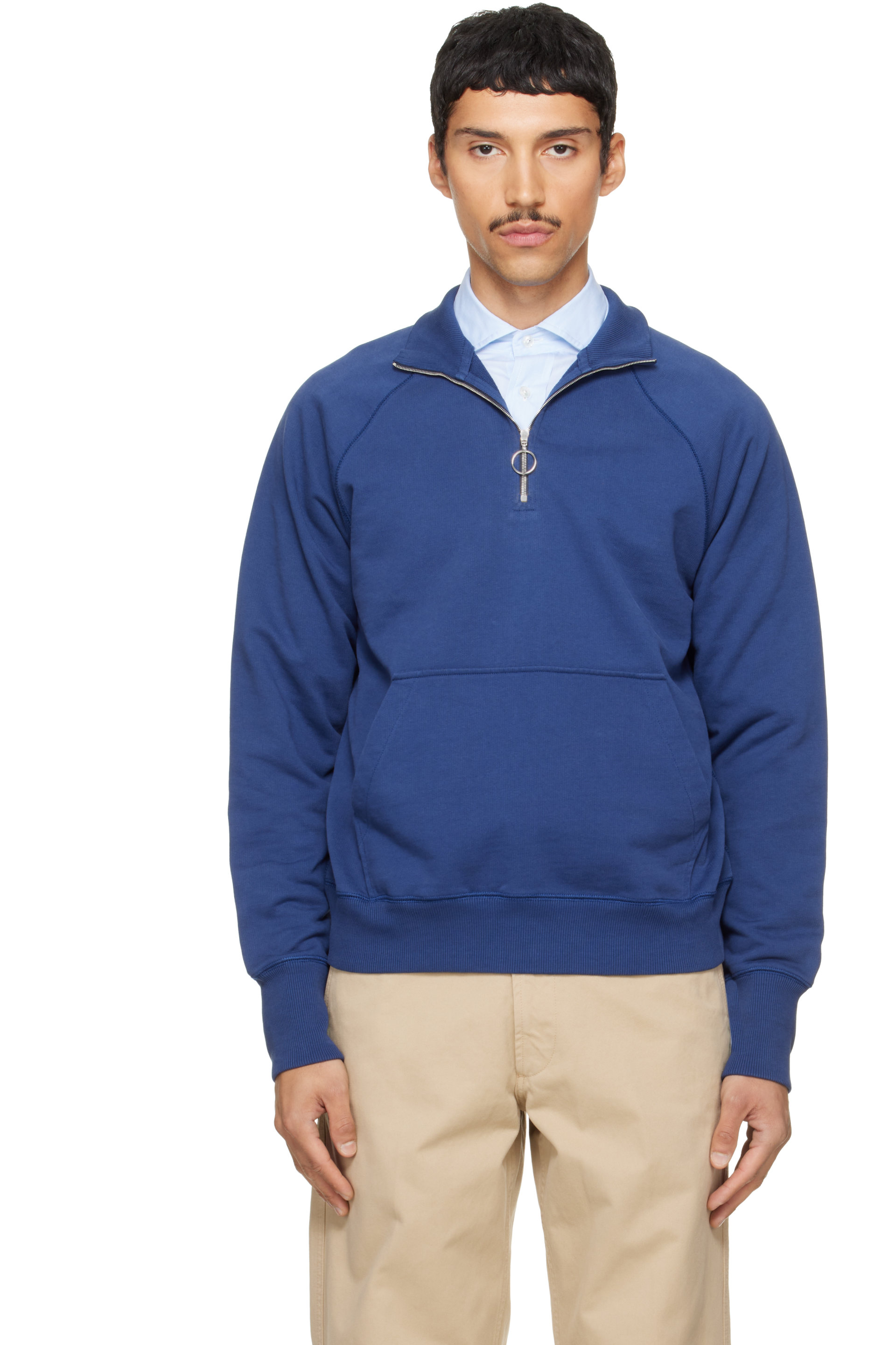 Drake's - Blue Cotton Quarter Zip Sweatshirt