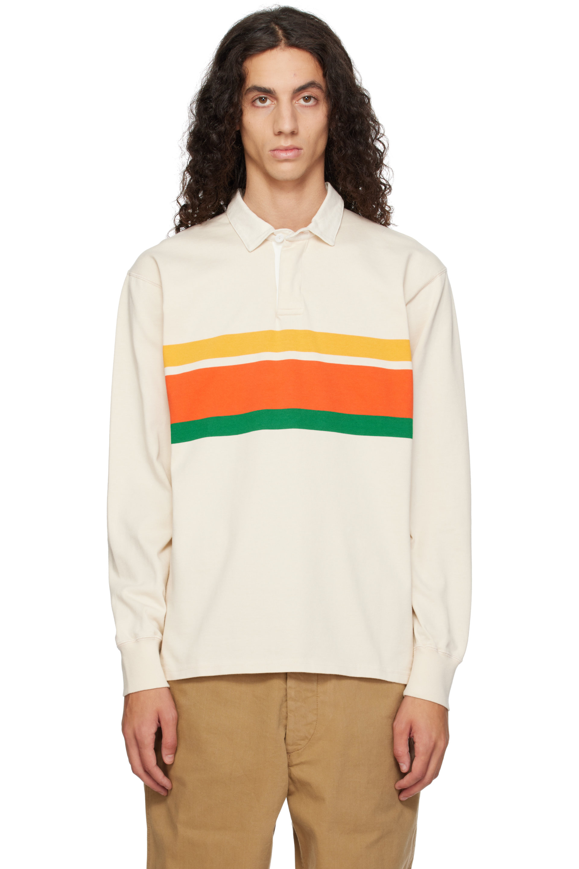 Drake's - Beige Multi Centre Stripe Cotton Rugby Polo