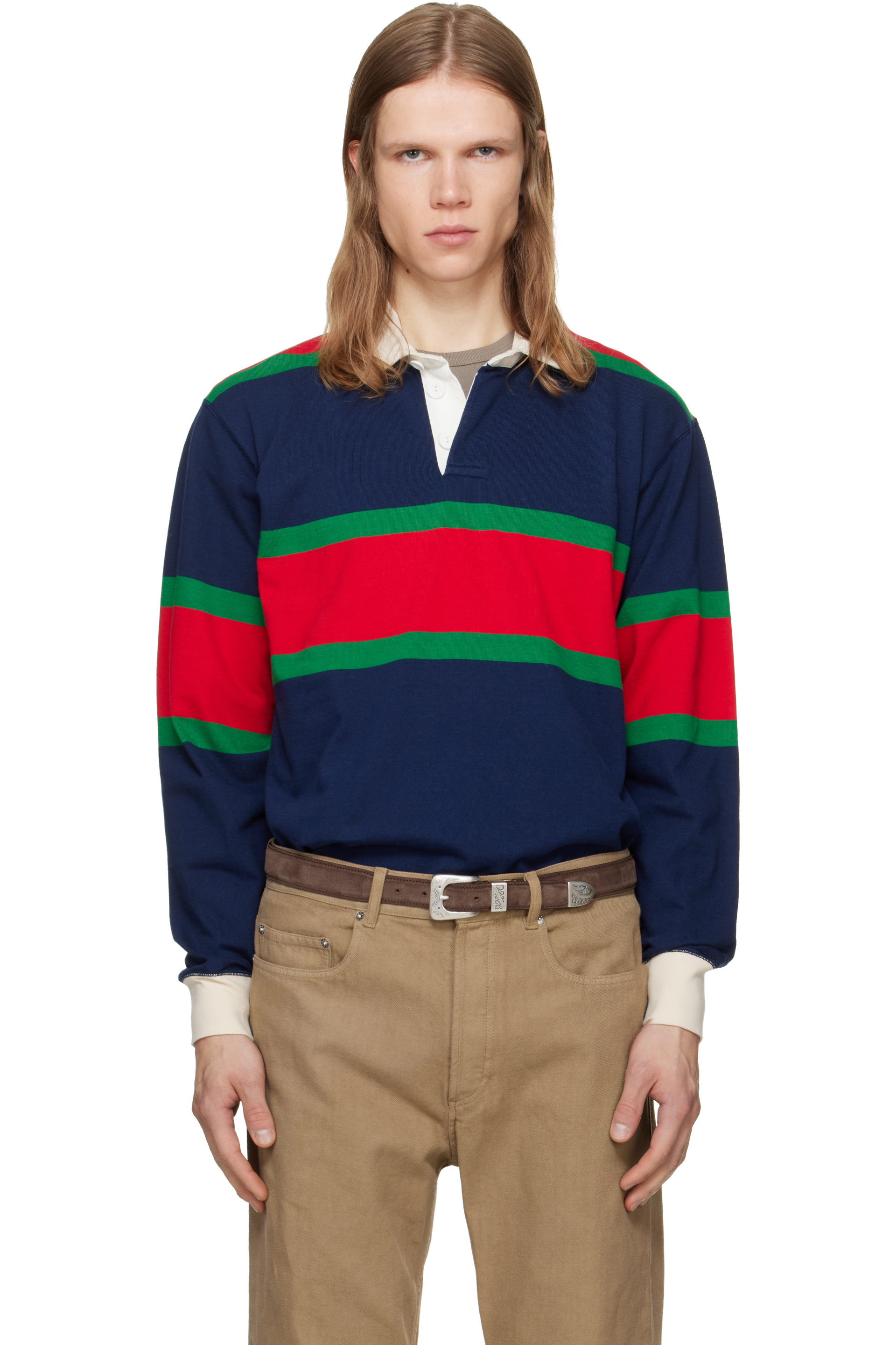 Drake's - Navy Multi Stripe Cotton Rugby Shirt