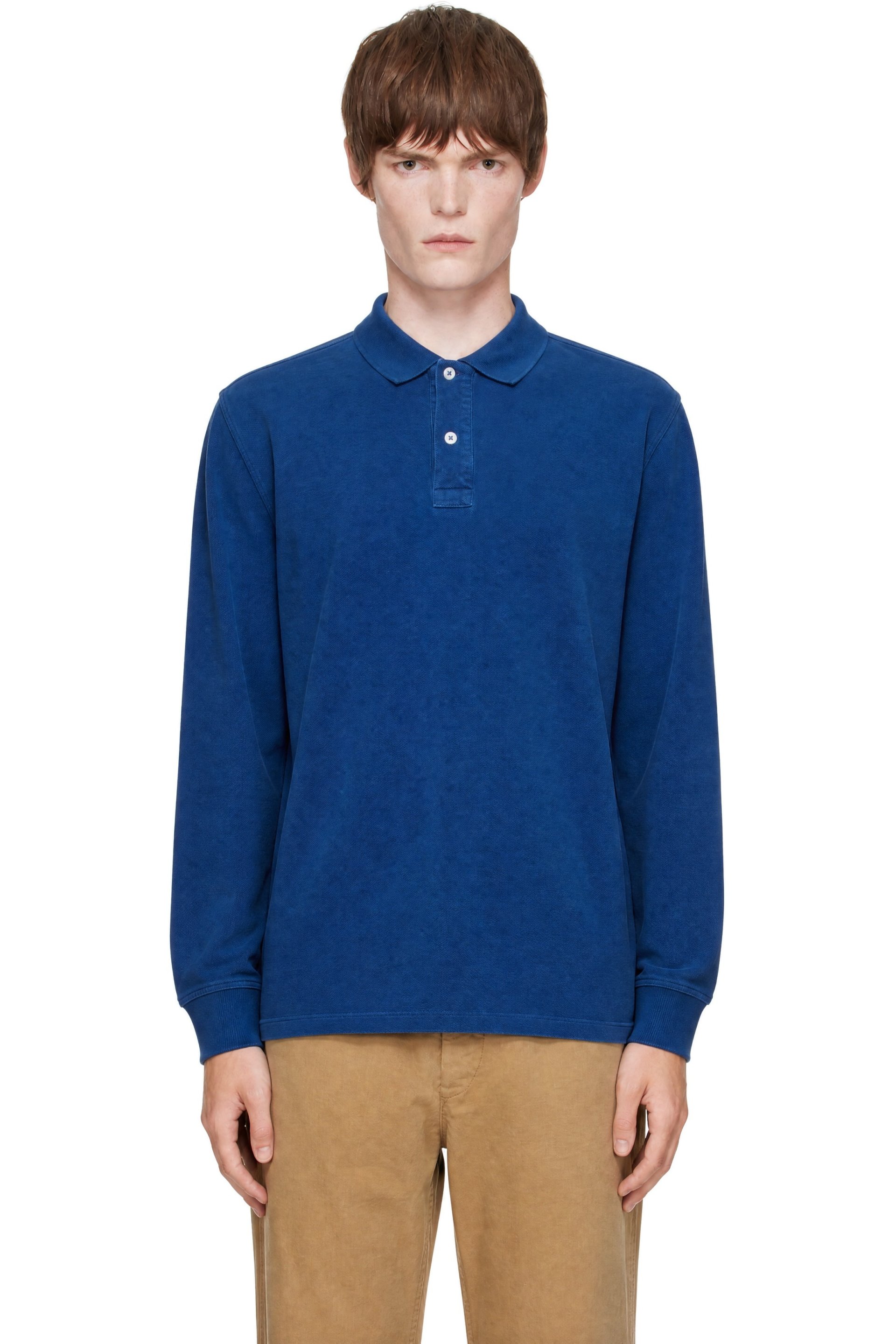 Drake's - Blue Indigo Dyed Cotton Jersey Long-Sleeve Polo