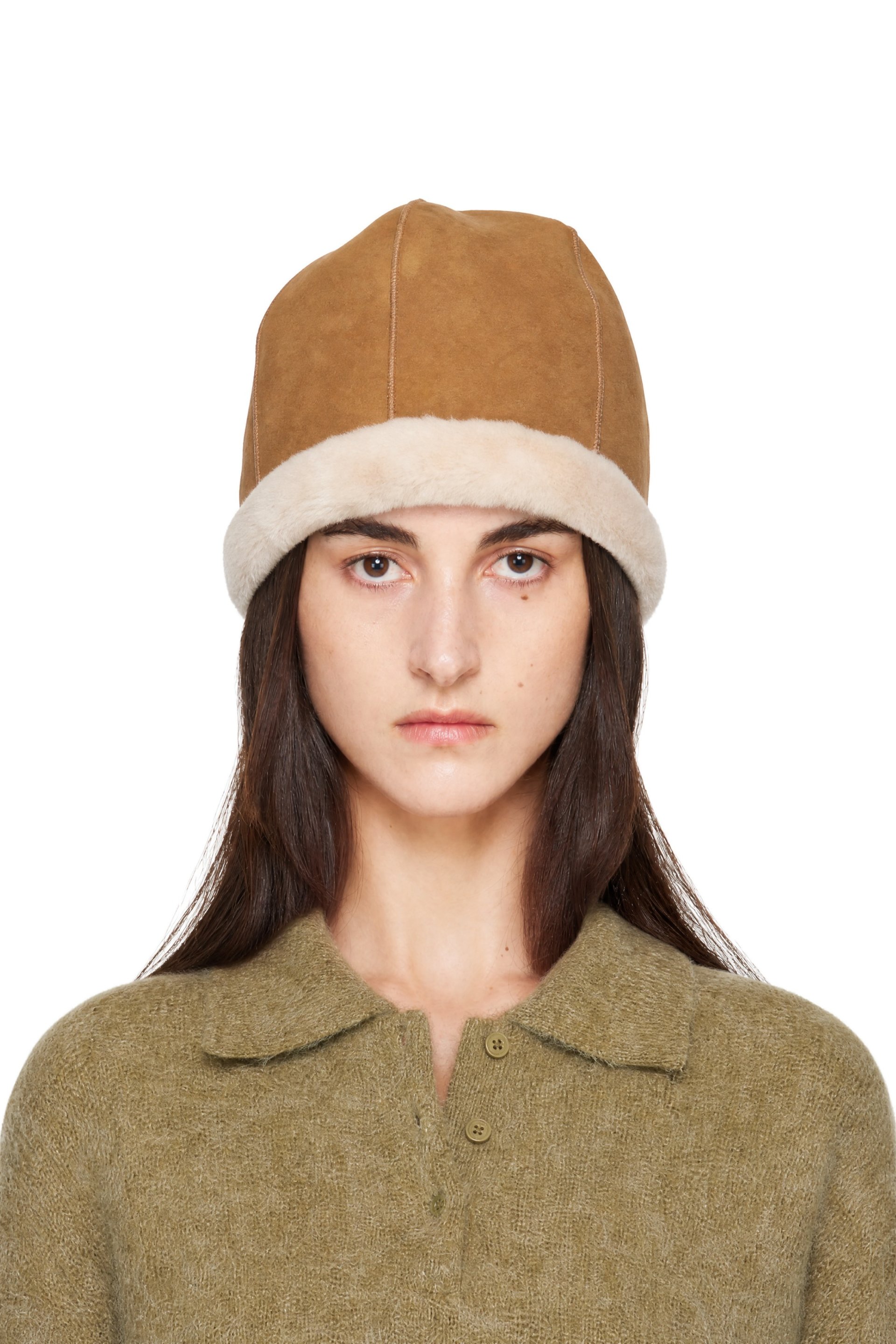 LE17SEPTEMBRE - Brown Fleece Trim Faux-Suede Reversible Hat