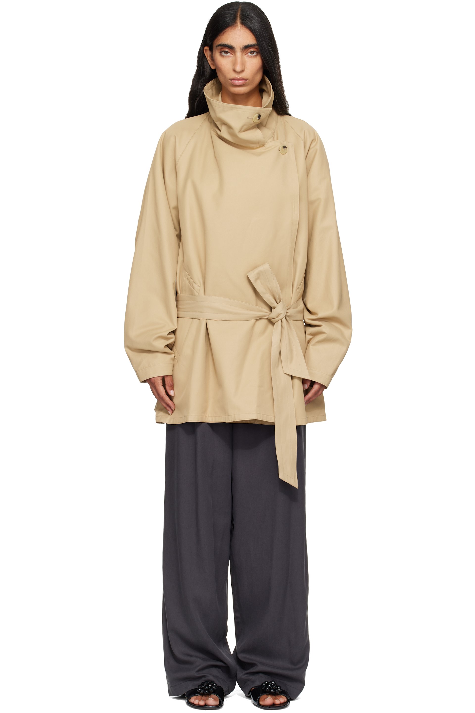 LE17SEPTEMBRE - Beige Cotton Draped Funnel Neck Half Trench Coat