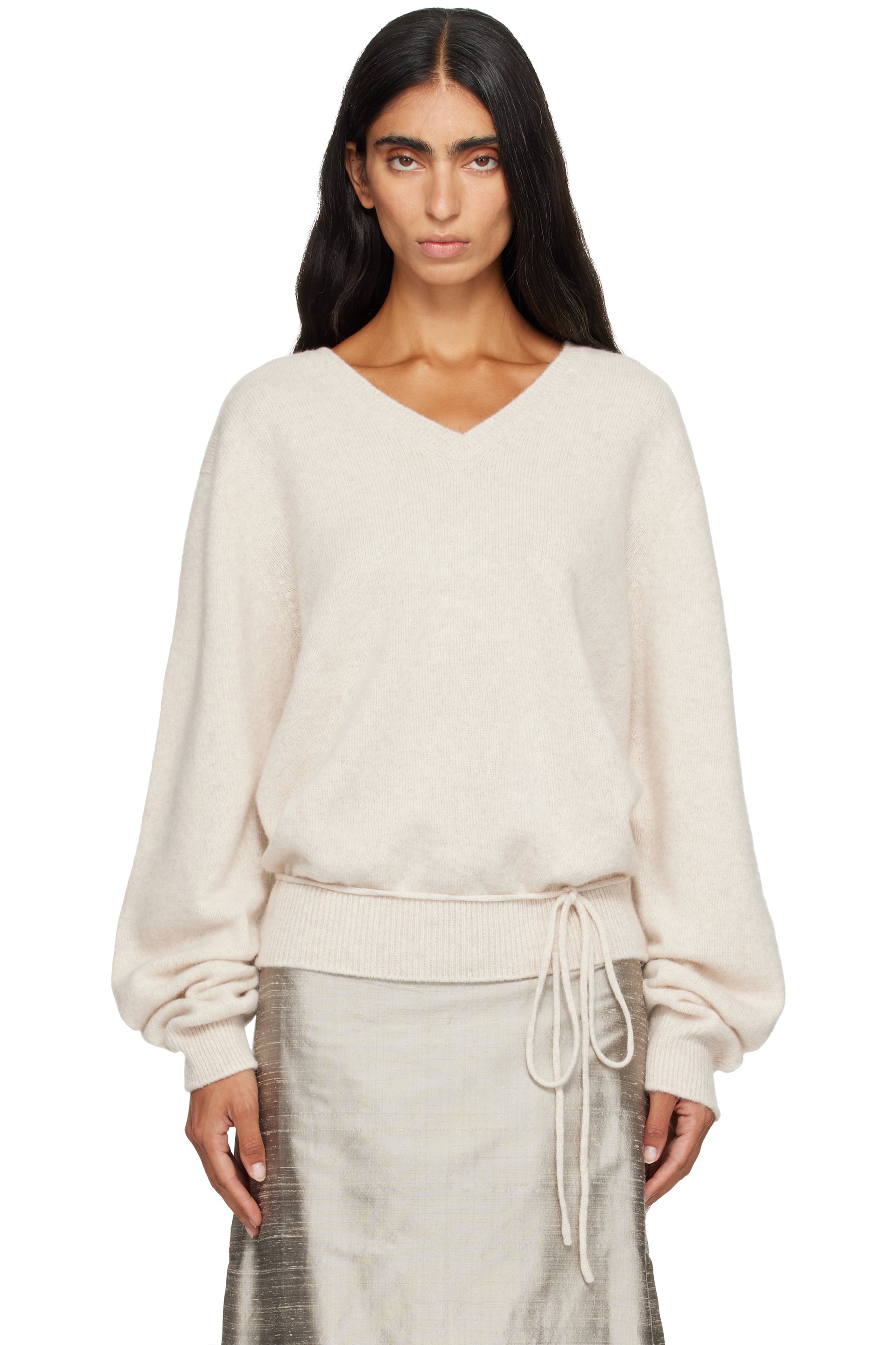 LE17SEPTEMBRE - Beige Soft Alpaca Blend Tie V-Neck Sweater