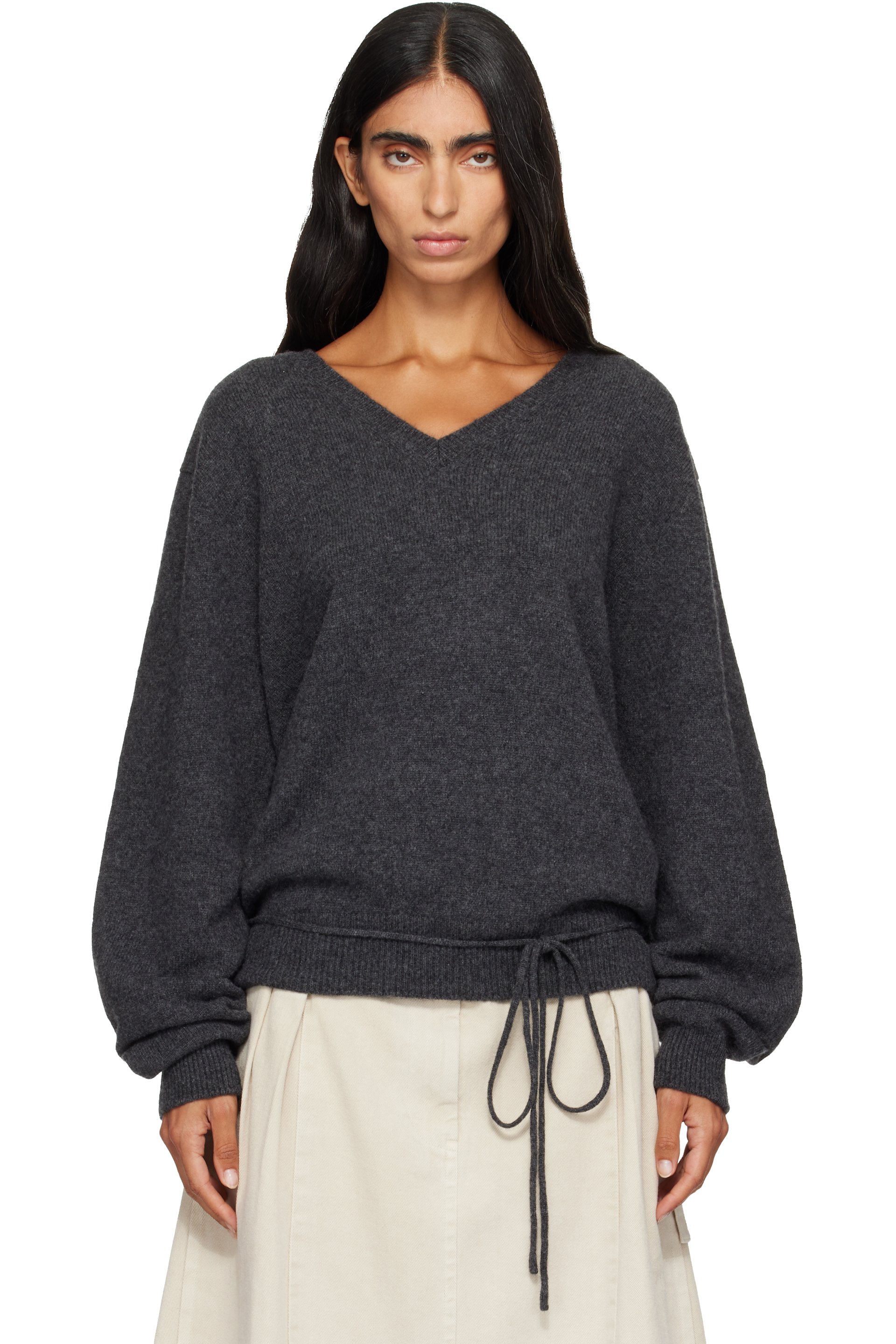 LE17SEPTEMBRE - Gray Soft Alpaca Blend Tie V-Neck Knit Sweater