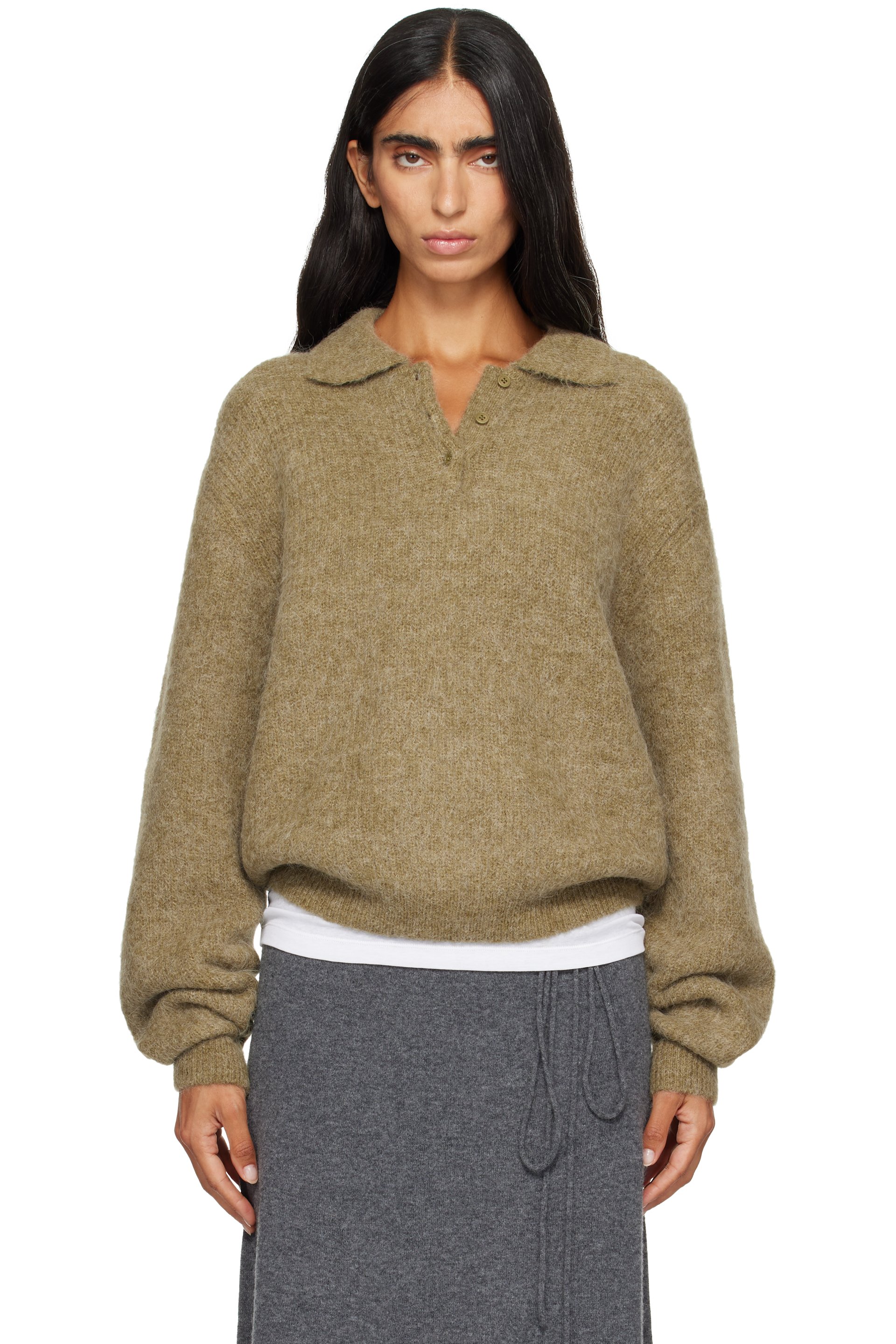LE17SEPTEMBRE - Khaki Textured Alpaca Collar Knit Polo