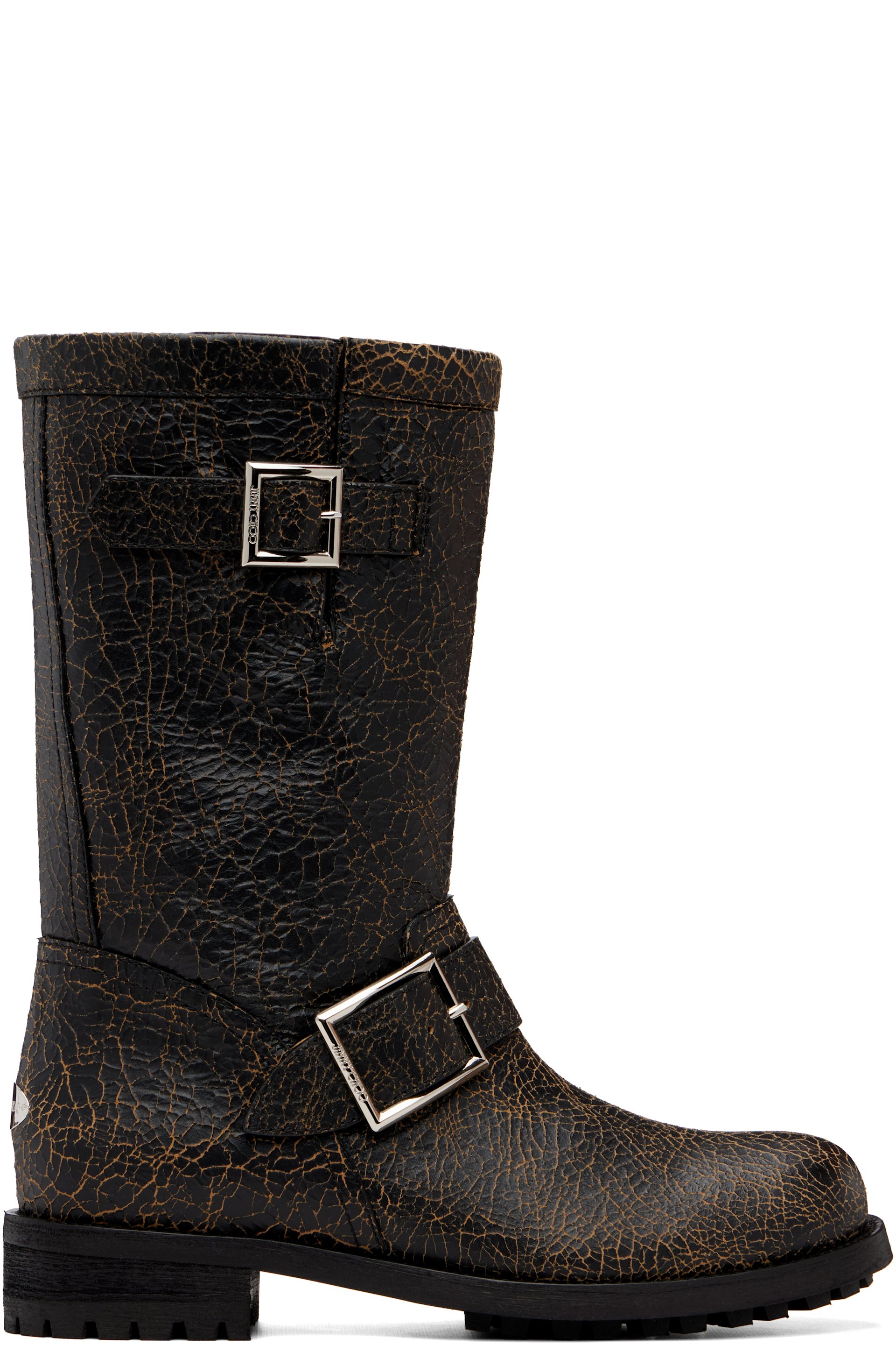 Jimmy Choo - Black Biker Midcrackled Leather Boots
