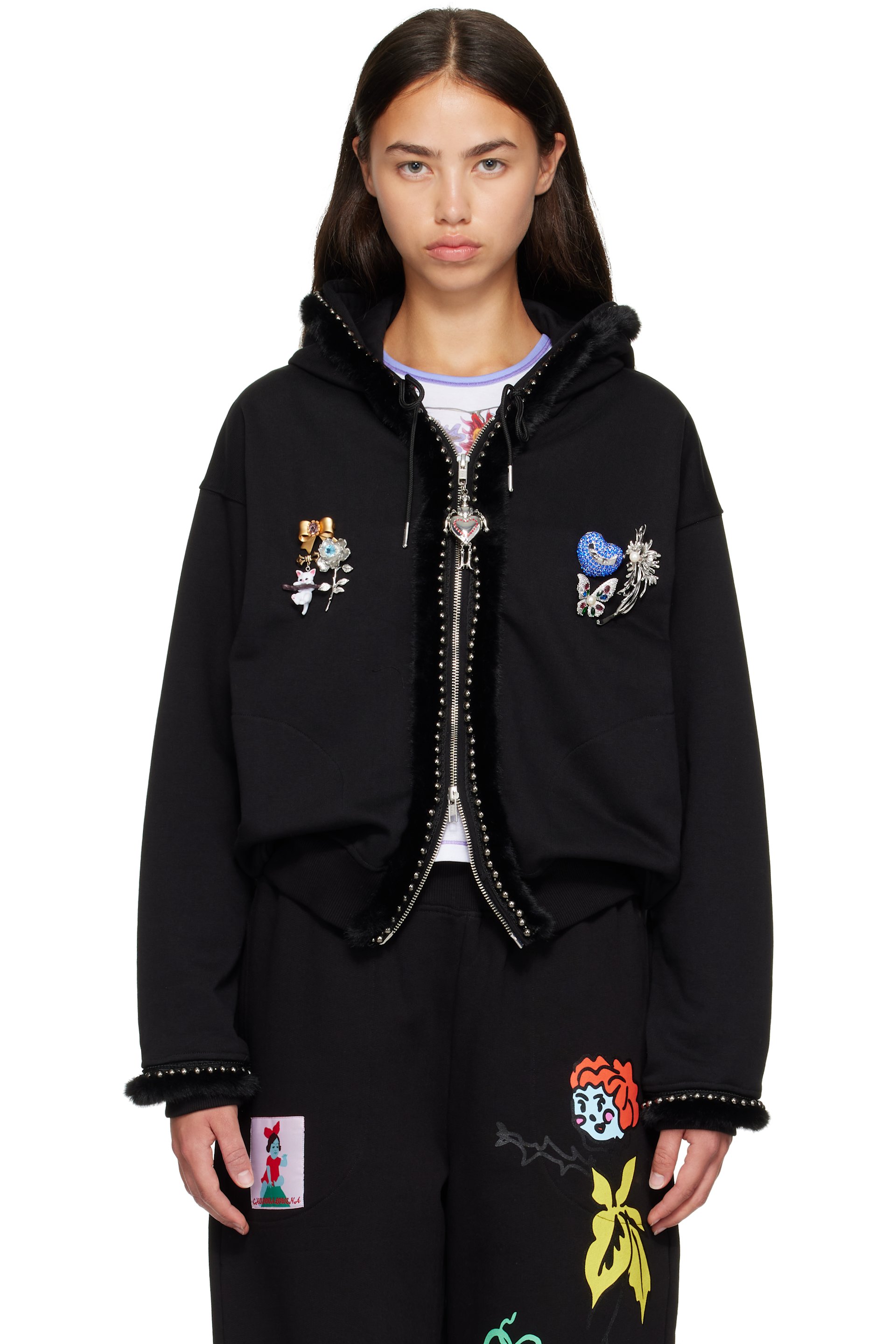 Chopova Lowena - Black Fuzzy Pearl Zip Hoodie