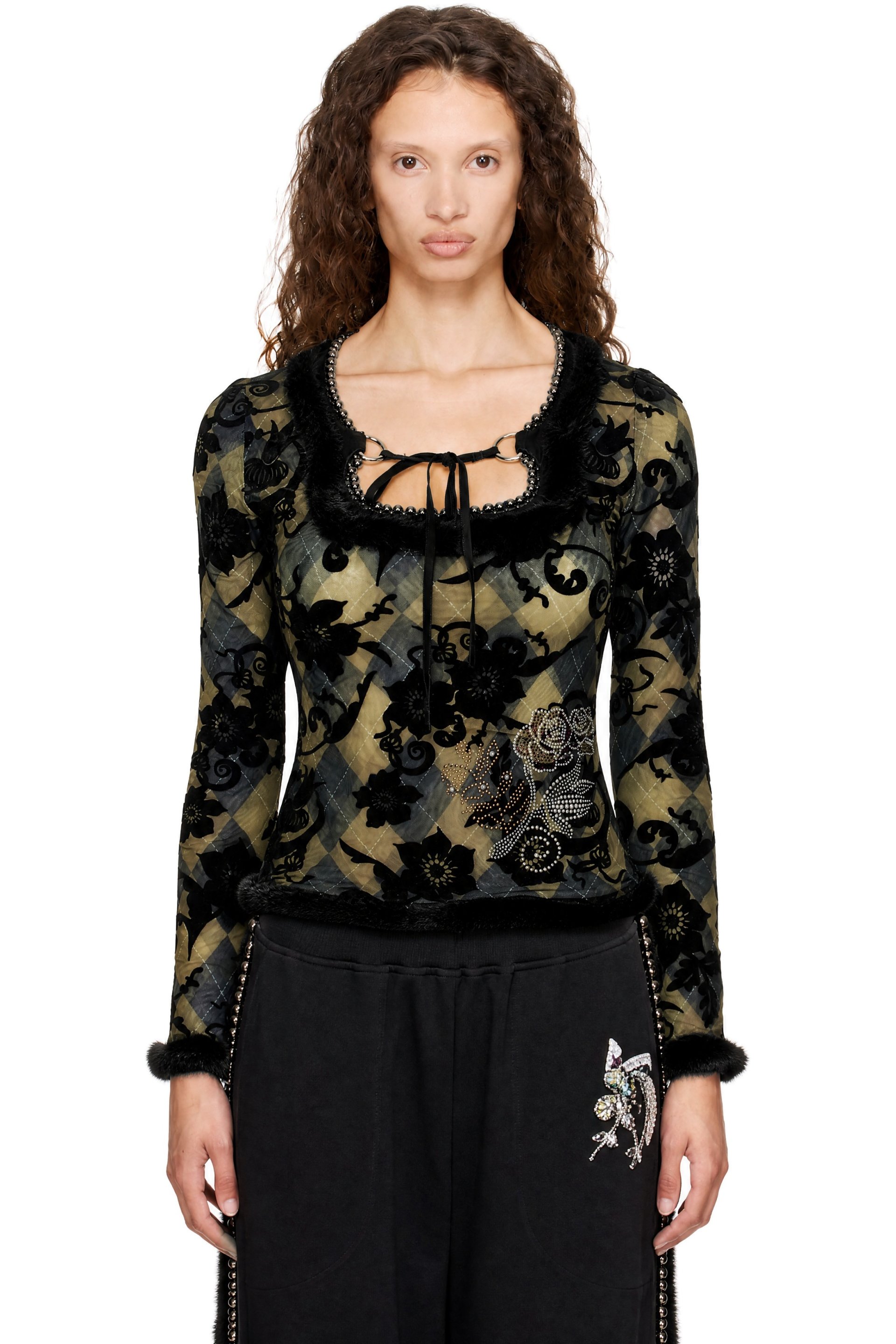 Chopova Lowena - Black & Green Dew Sweeper Mesh Blouse