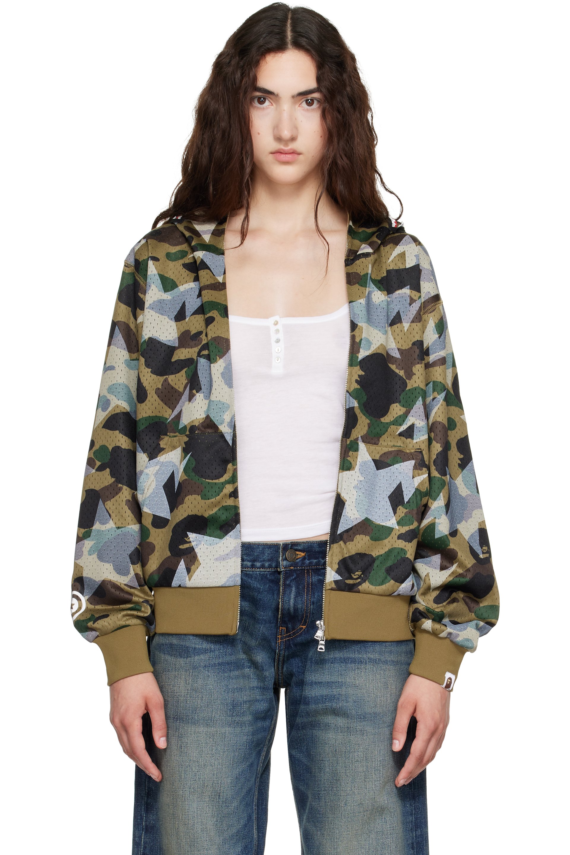 BAPE - Green Camo Mesh Shark Cropped Fit Full Zip Hoodie
