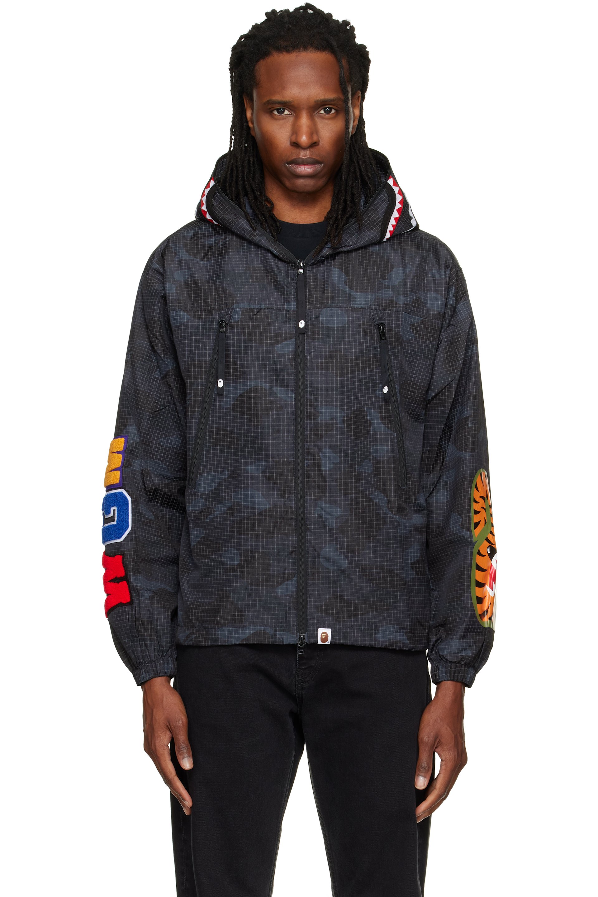 BAPE - Blouson noir en tissu antidéchirures à motif camouflage Color réfléchissant et à requin emblématique