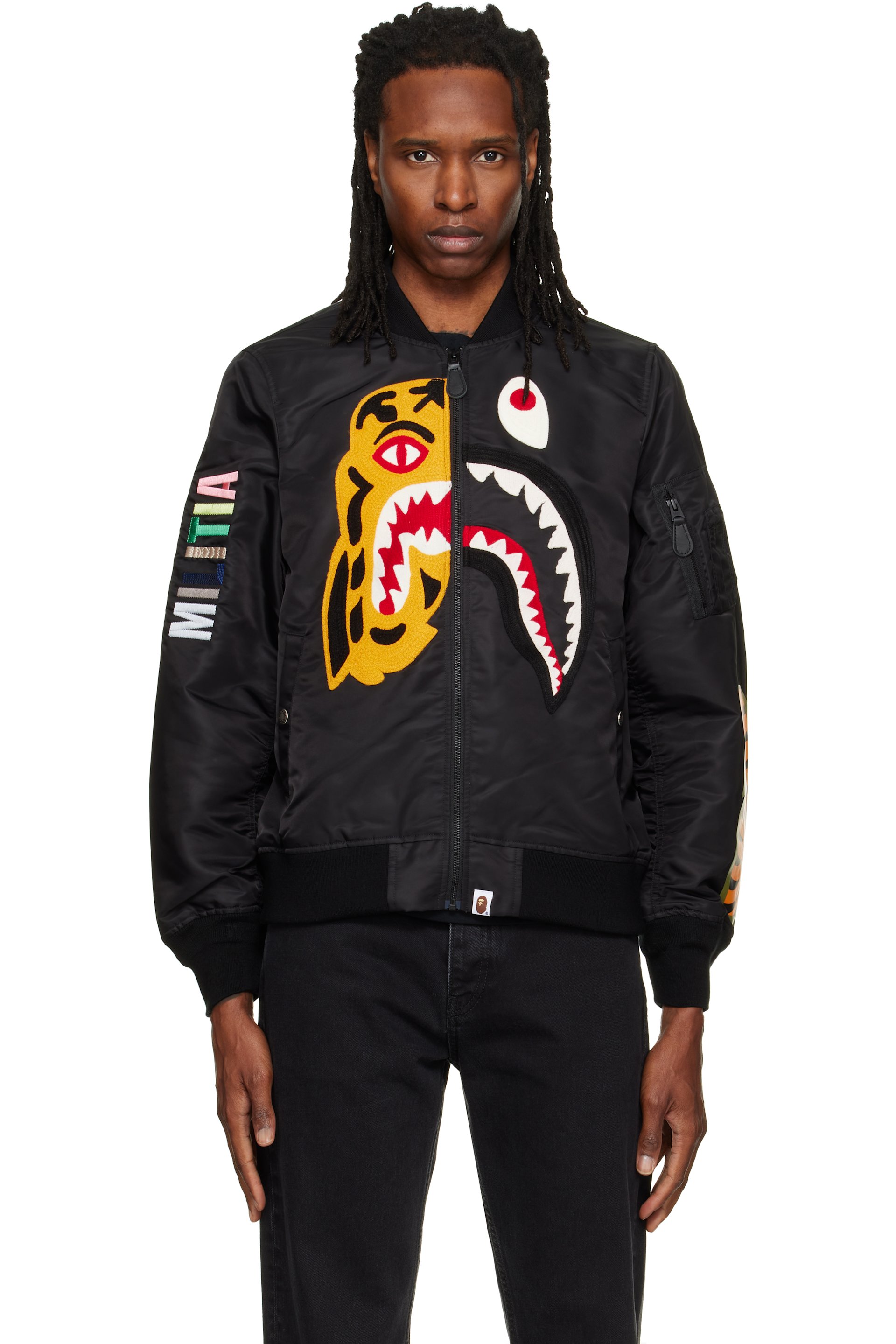 BAPE - Blouson aviateur noir à requin et à tigre emblématiques