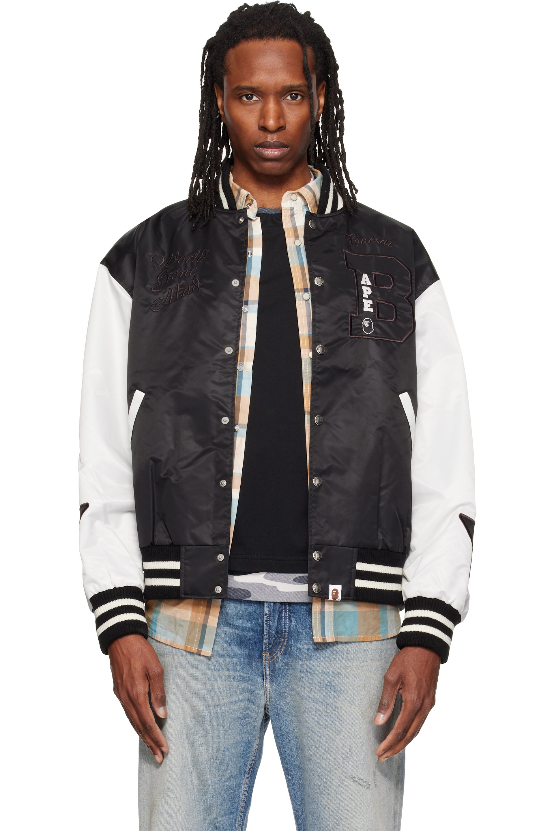 BAPE - Black & White 'BAPE' Nylon Varsity Bomber Jacket