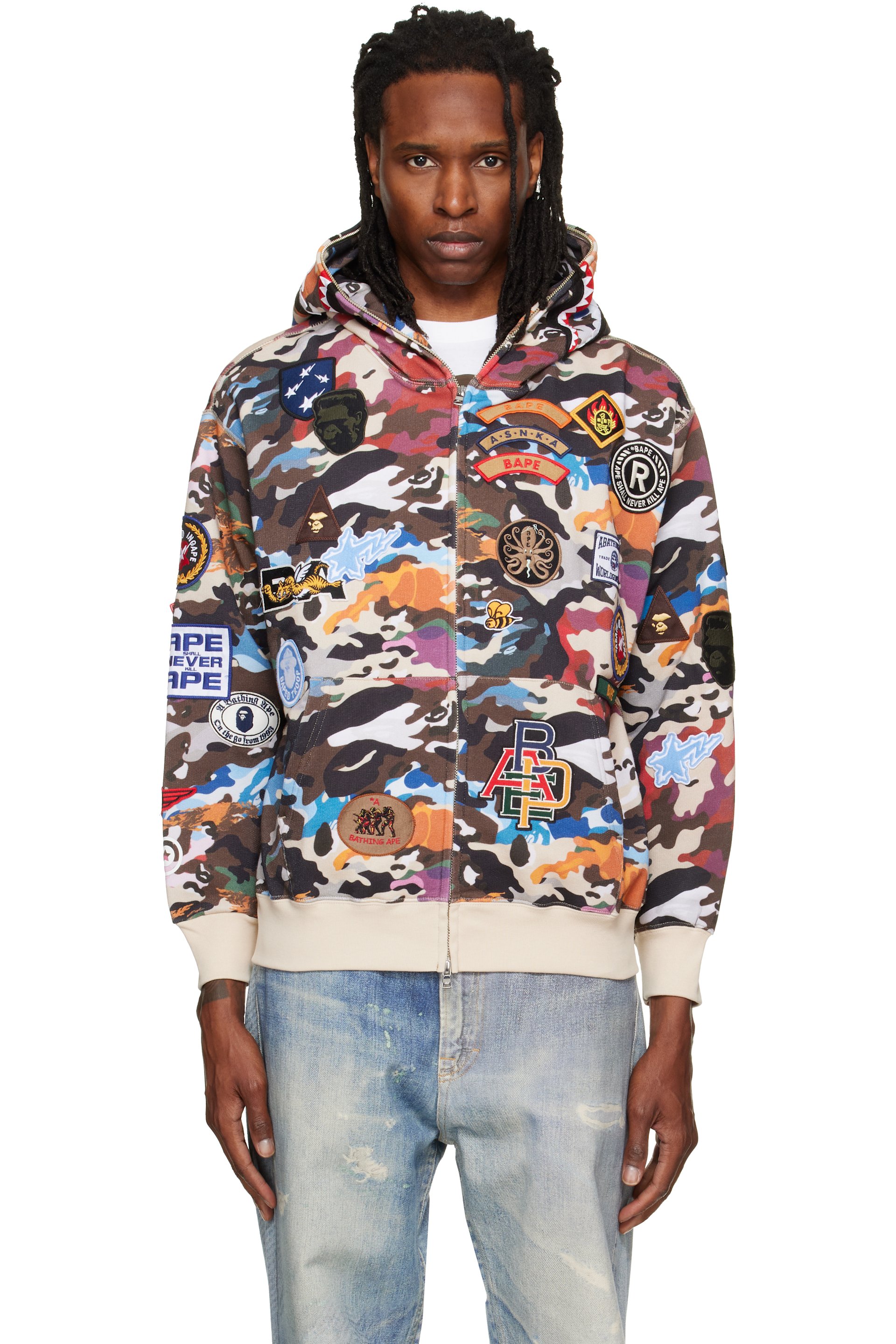 BAPE - Pull à capuche décontracté multicolore à motif camouflage et à requin emblématique