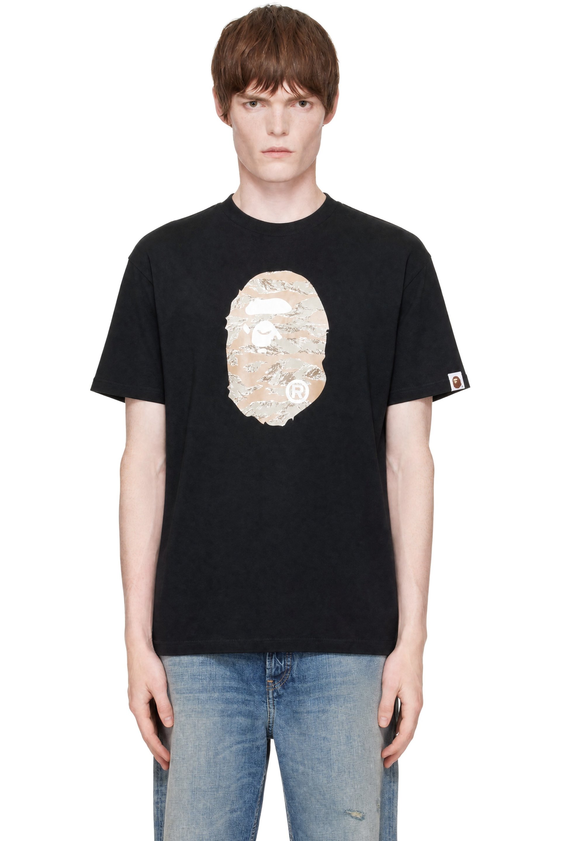 BAPE - T-shirt décontracté noir à logo à motif camouflage tracé