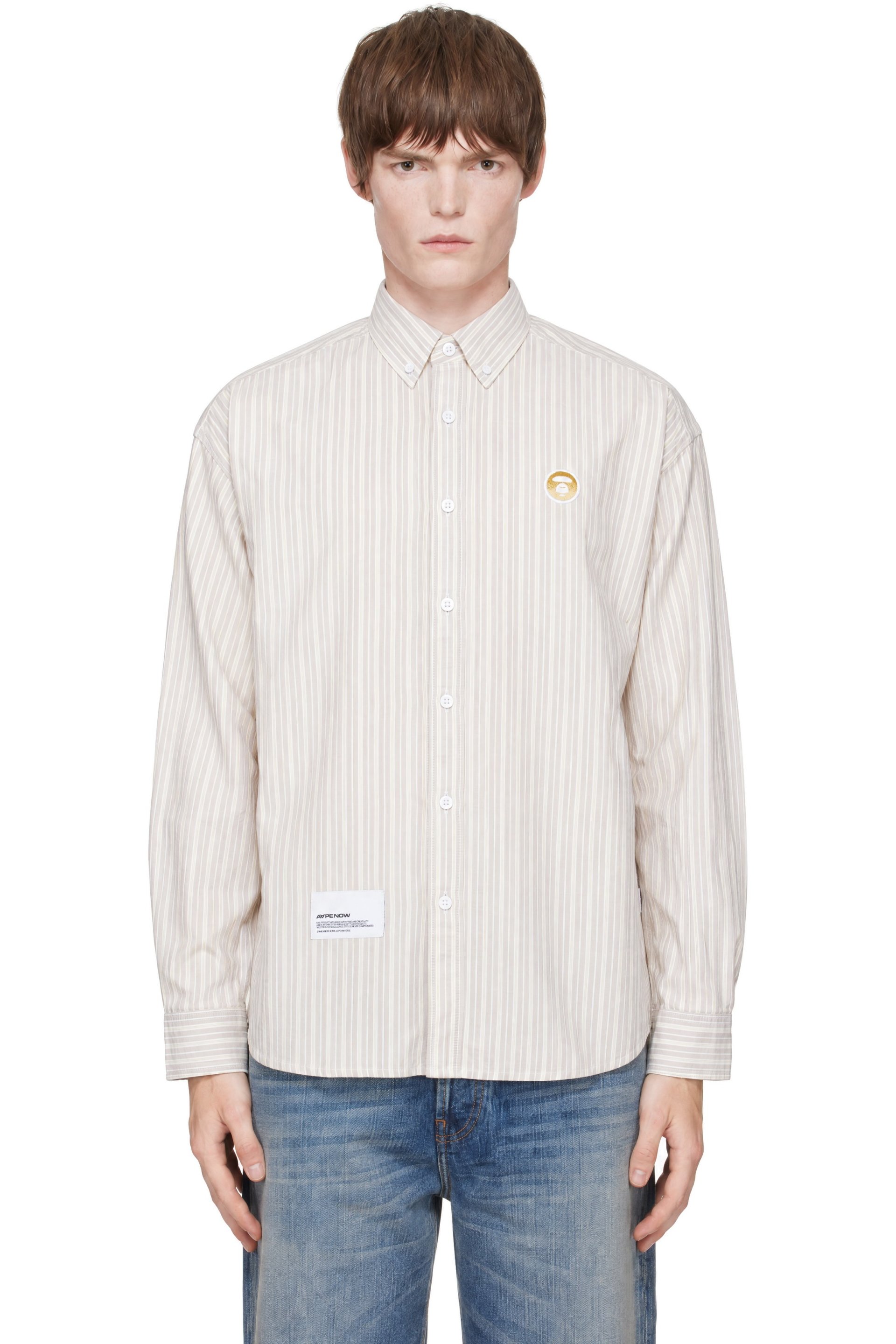 AAPE by A Bathing Ape - Beige 'AAPENOW' Moonface Striped Long Sleeve Shirt