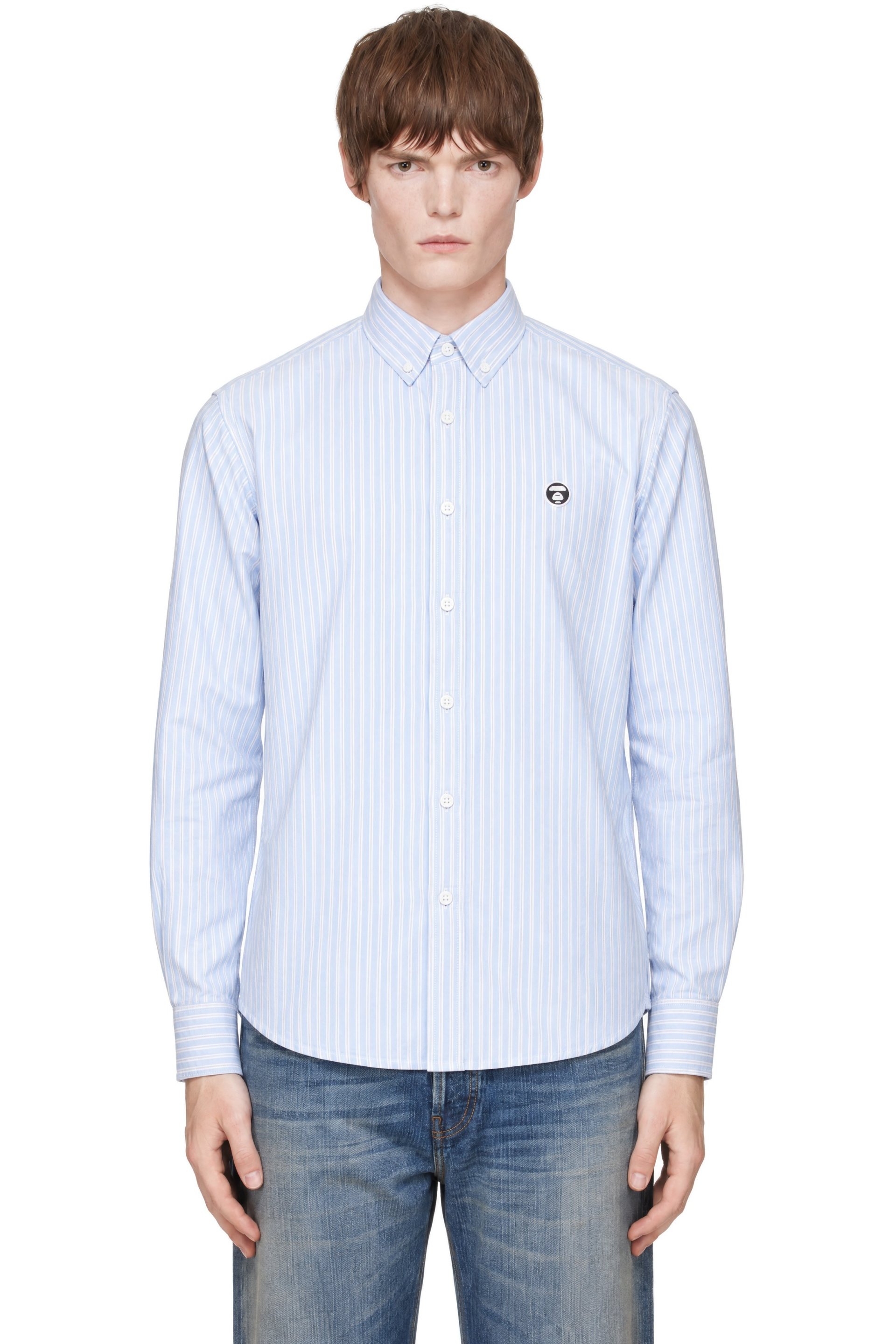 AAPE by A Bathing Ape - Blue 'AAPENOW' Moonface Striped Long Sleeve Shirt
