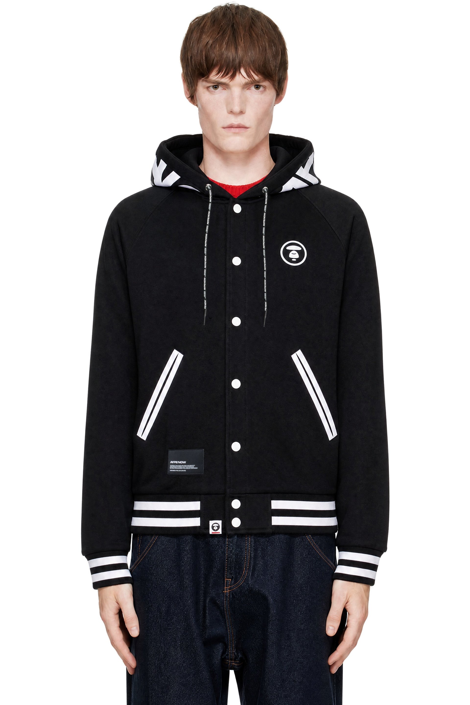 AAPE by A Bathing Ape - Black 'AAPENOW' Moonface Zip Up Varsity Jacket