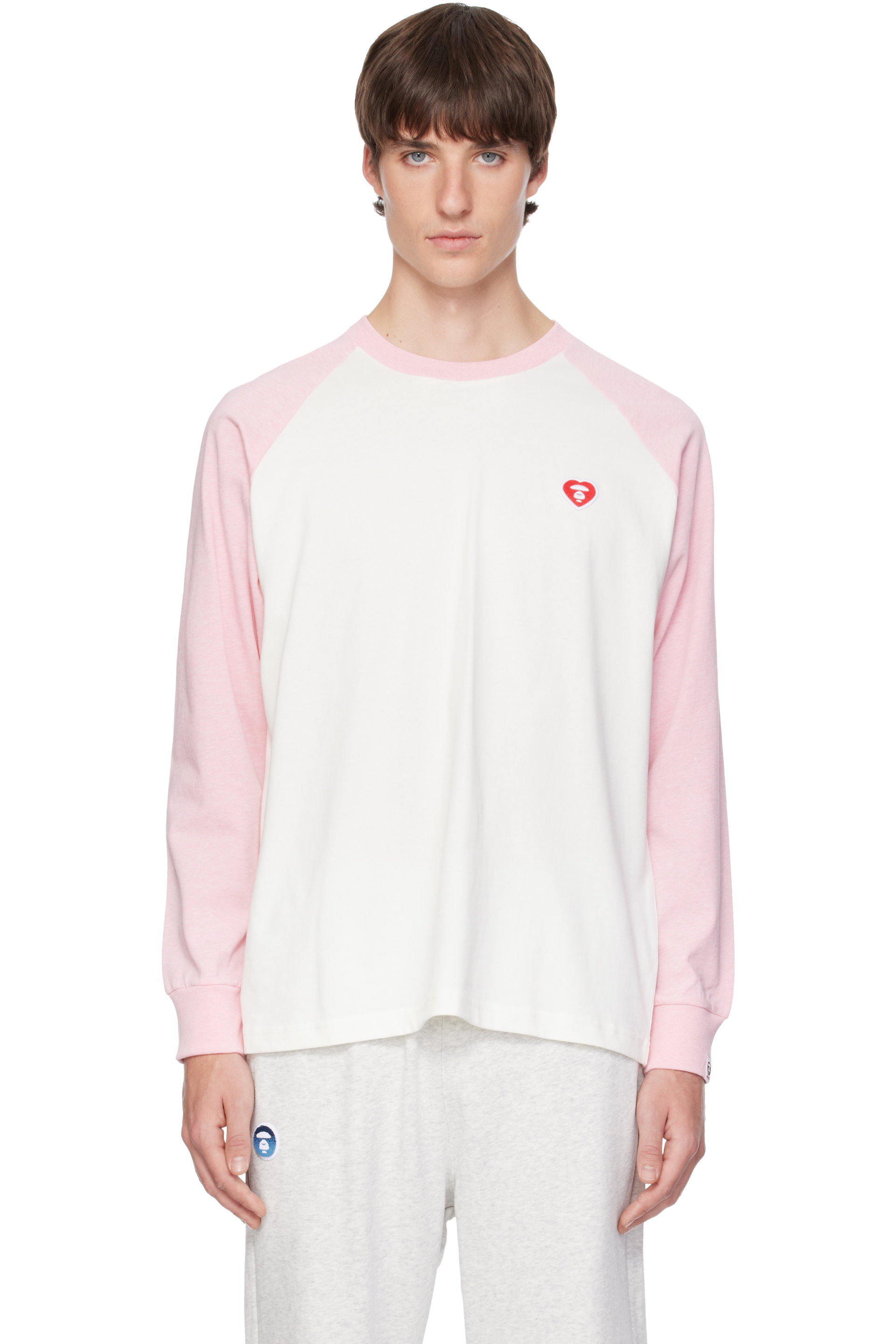 AAPE by A Bathing Ape - Pink & White 'AAPENOW' Heart Moonface Long T-Shirt