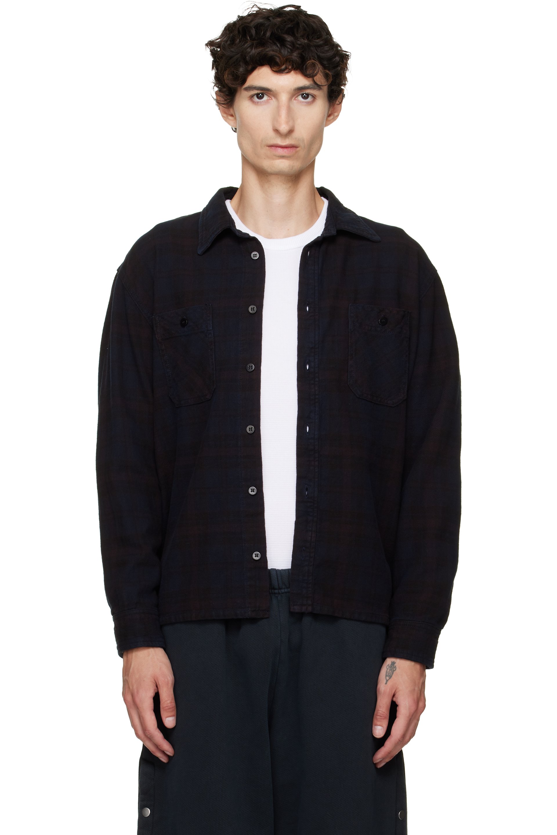 Les Tien - Chemise noire en flanelle à boutons