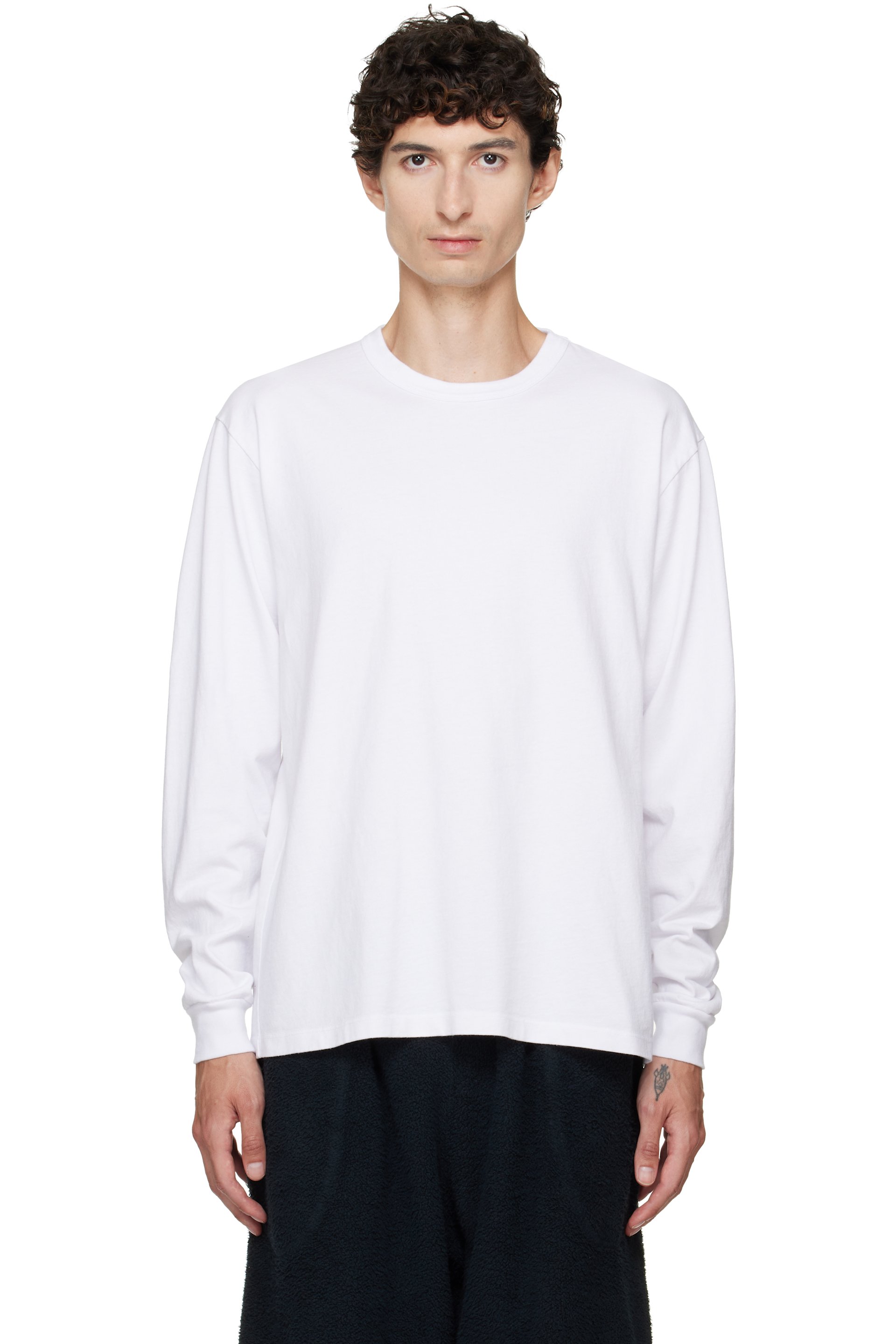 Les Tien - White Heavyweight Binded Neck Classic Long Sleeve T-shirt