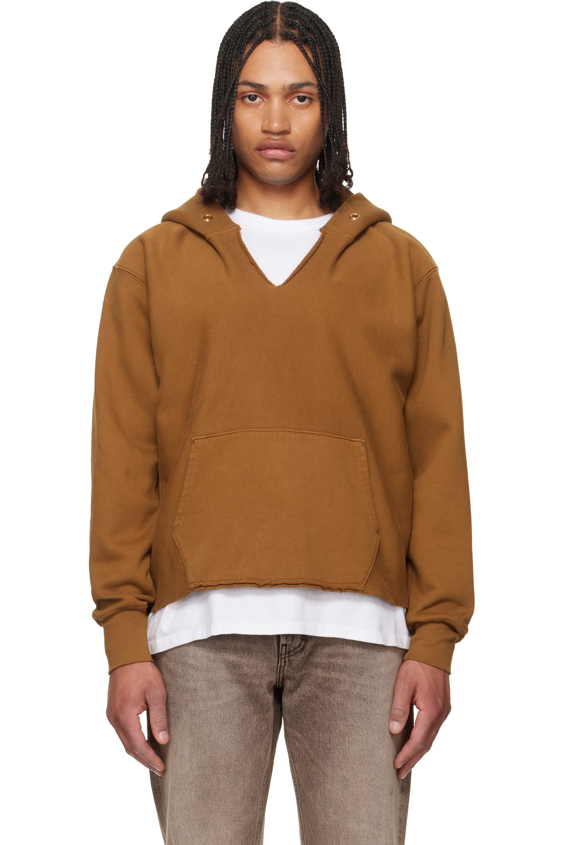 Les Tien - Tan Heavyweight Raw Cropped Hoodie