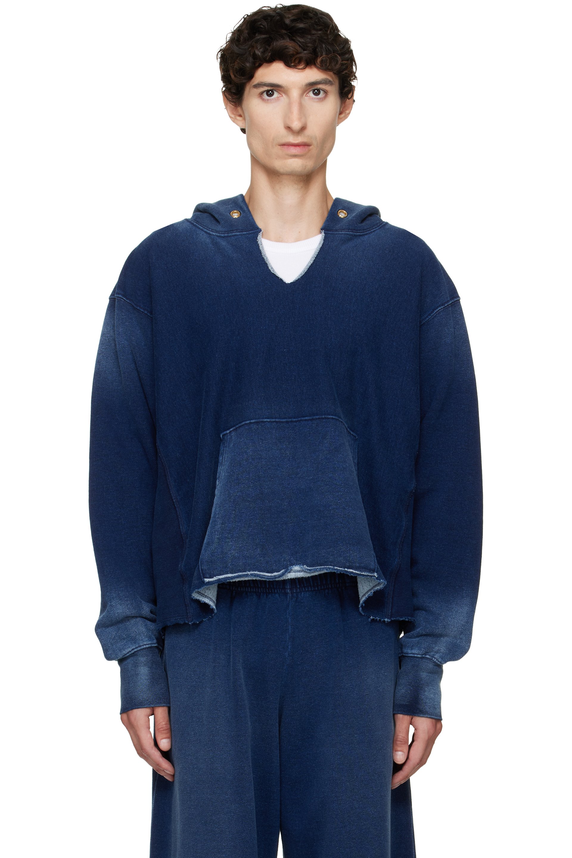 Les Tien - Navy Heavyweight Raw Cropped Hoodie