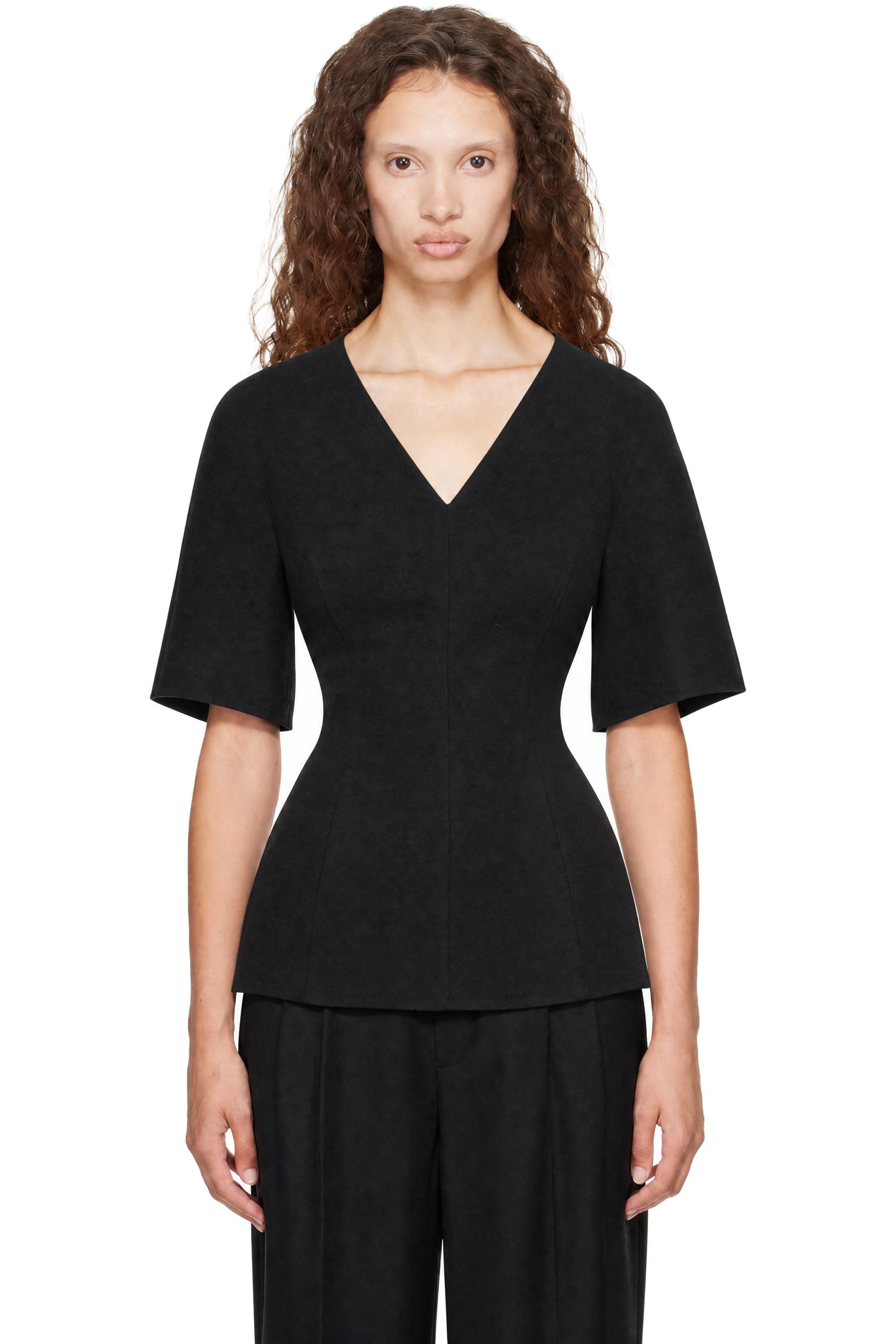 LISA YANG - Black Doublé V Neck Top