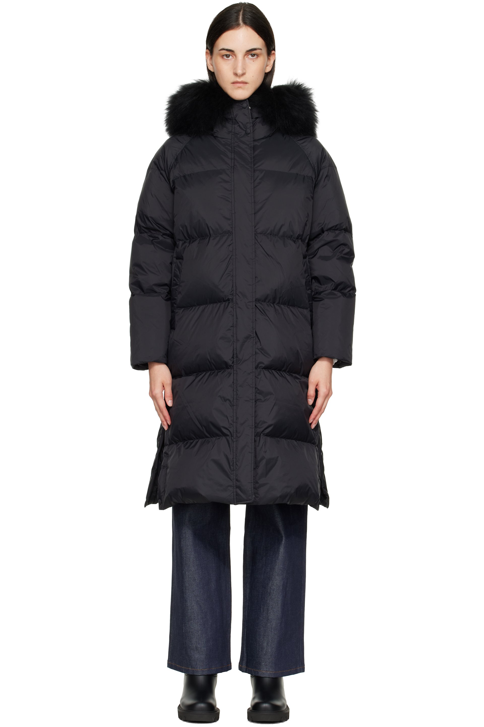 Yves Salomon - Black Waterproof Technical Lambswool Trim Long Down Jacket
