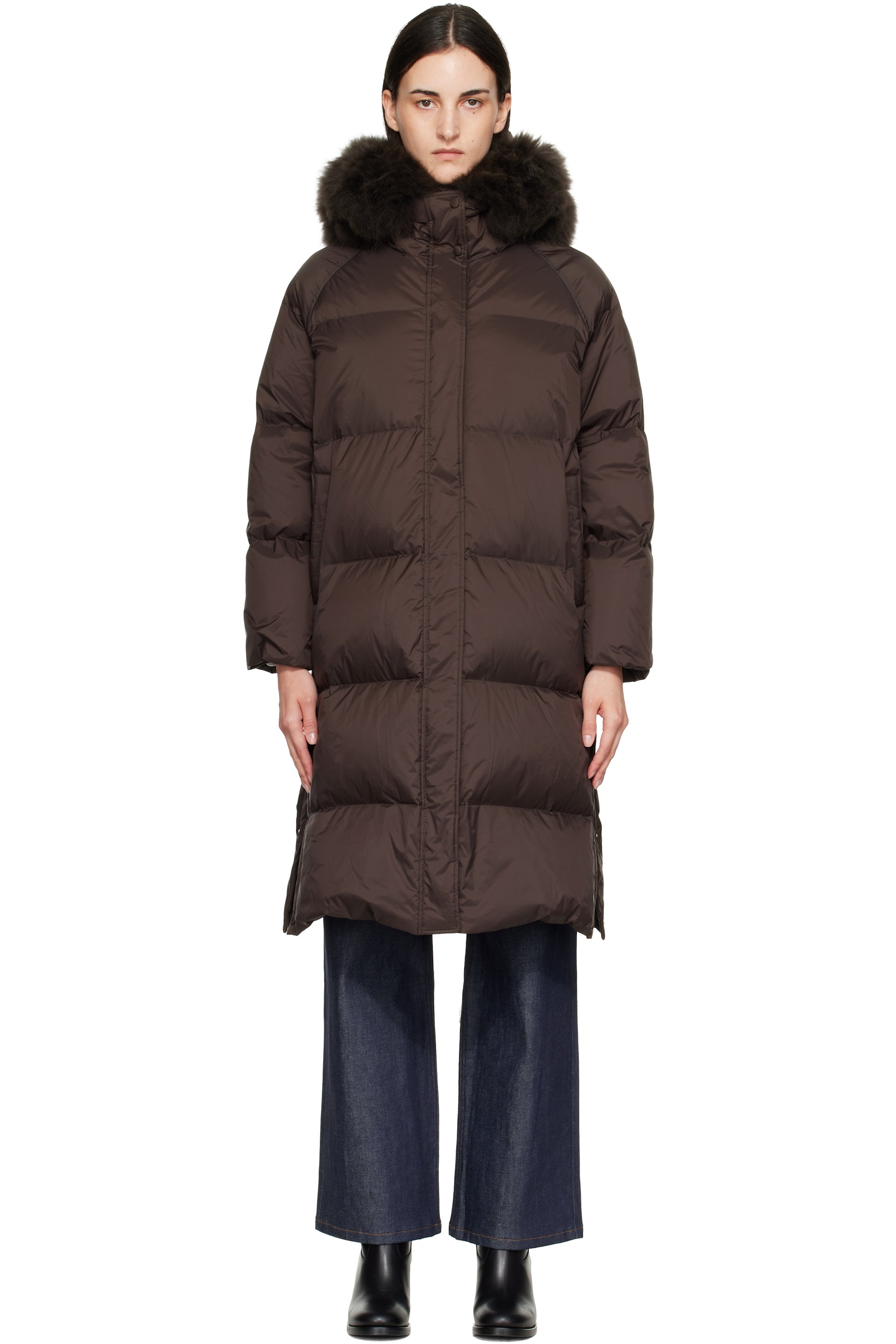 Yves Salomon - Brown Waterproof Technical Lambswool Trim Long Down Jacket