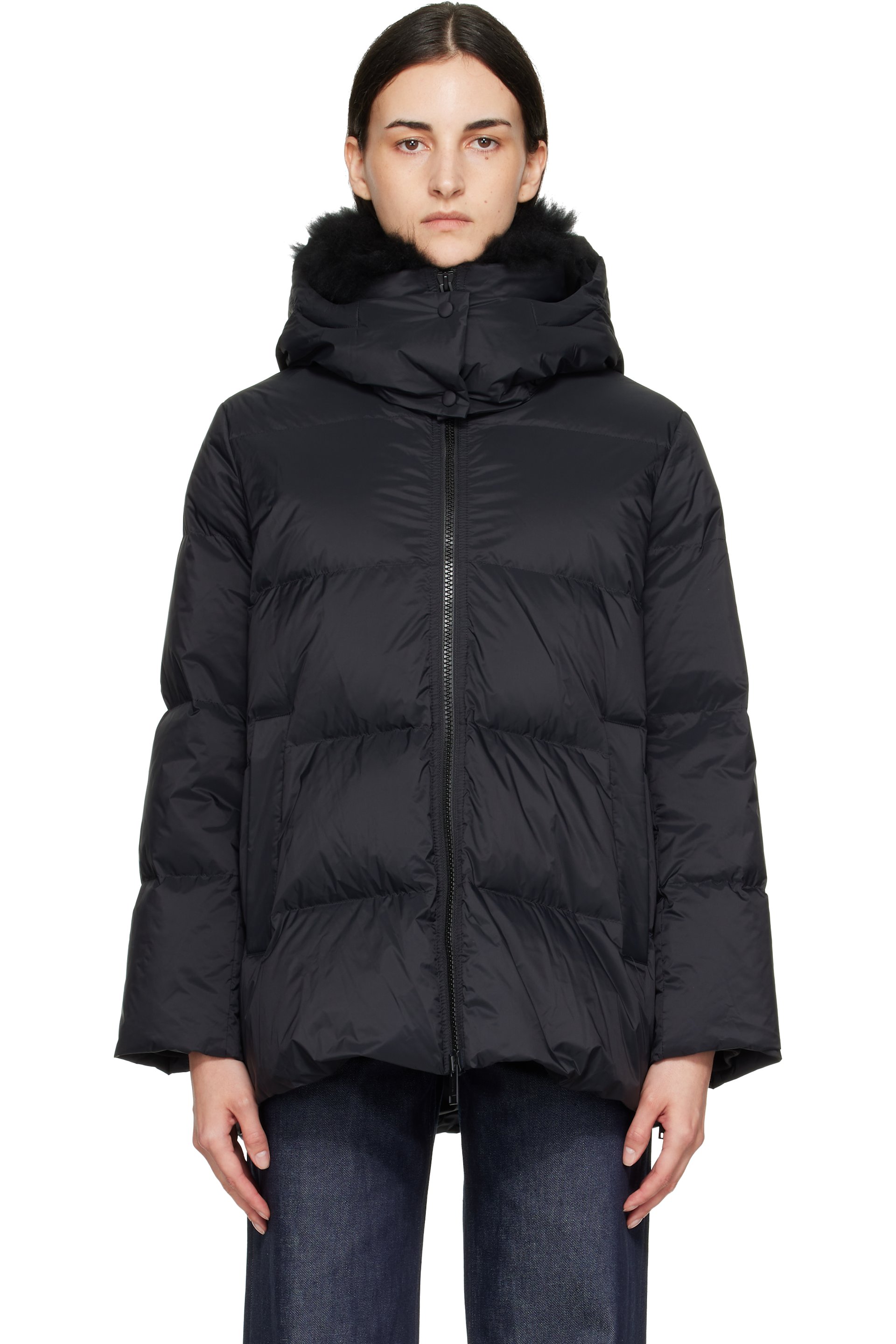 Yves Salomon - Black Waterproof Technical Lambswool Trim A-Line Down Jacket