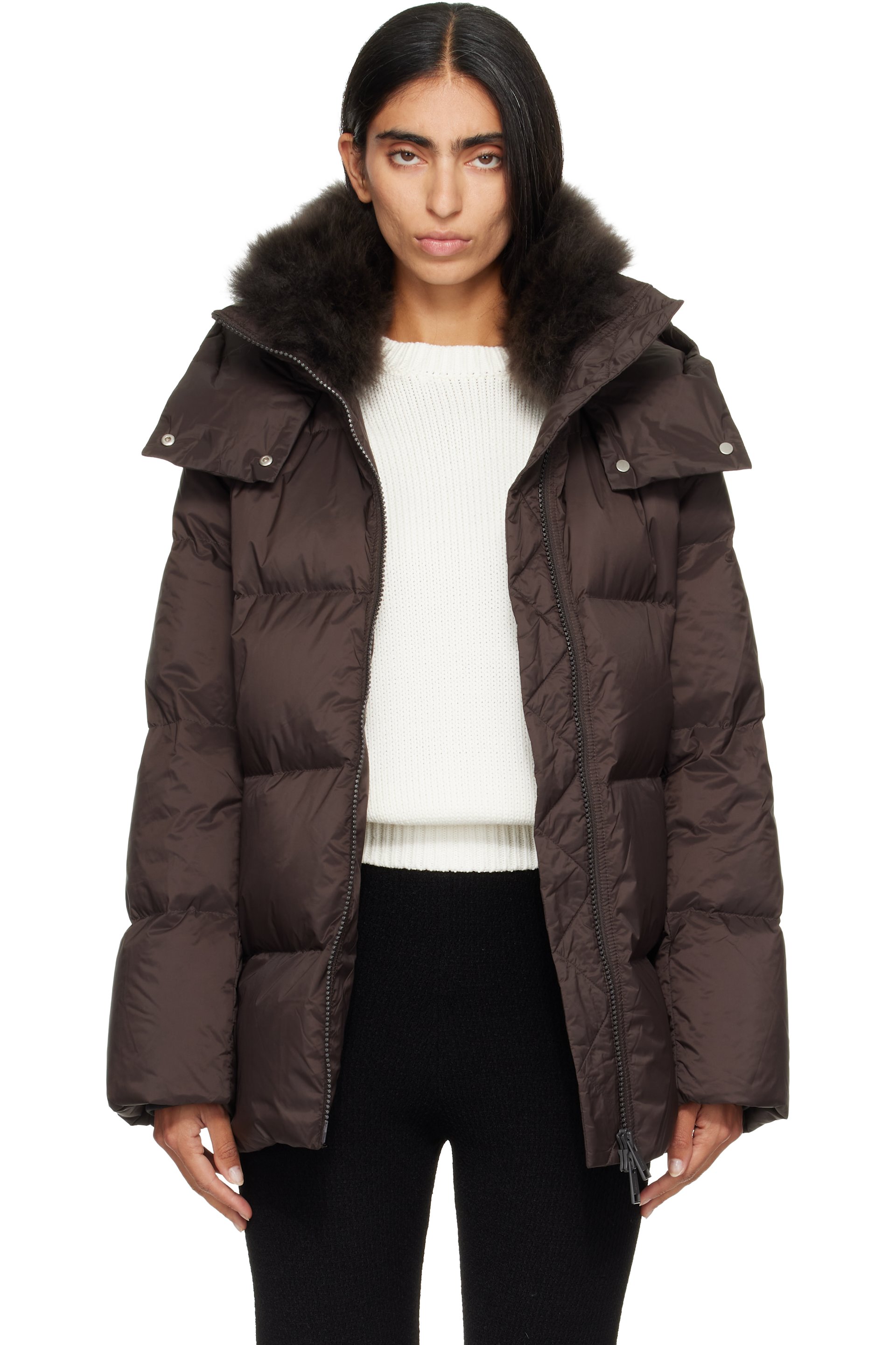 Yves Salomon - Brown Waterproof Technical Lambswool Trim A-Line Down Jacket