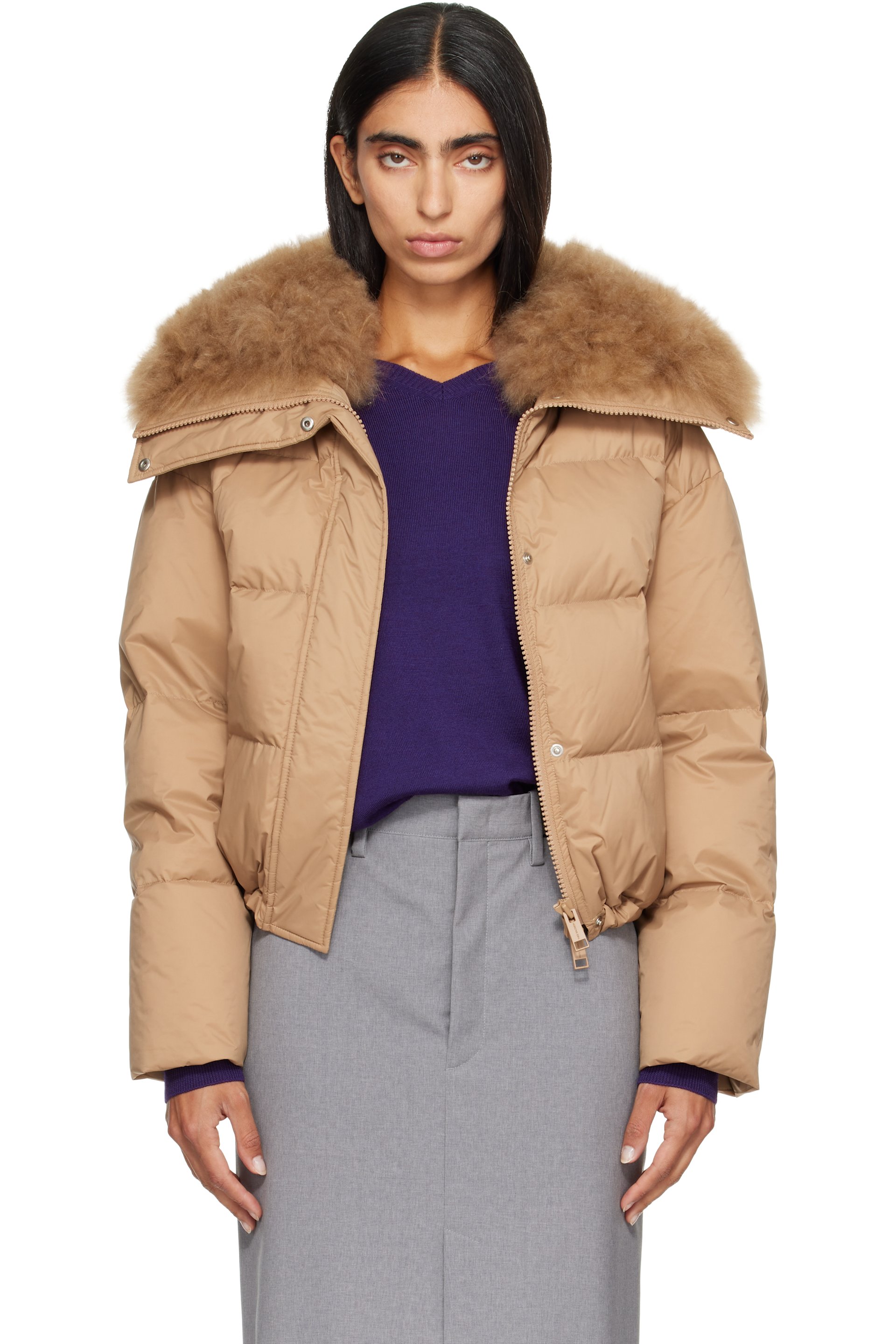 Yves Salomon - Beige Waterproof Technical Lambswool Trim Short Down Jacket