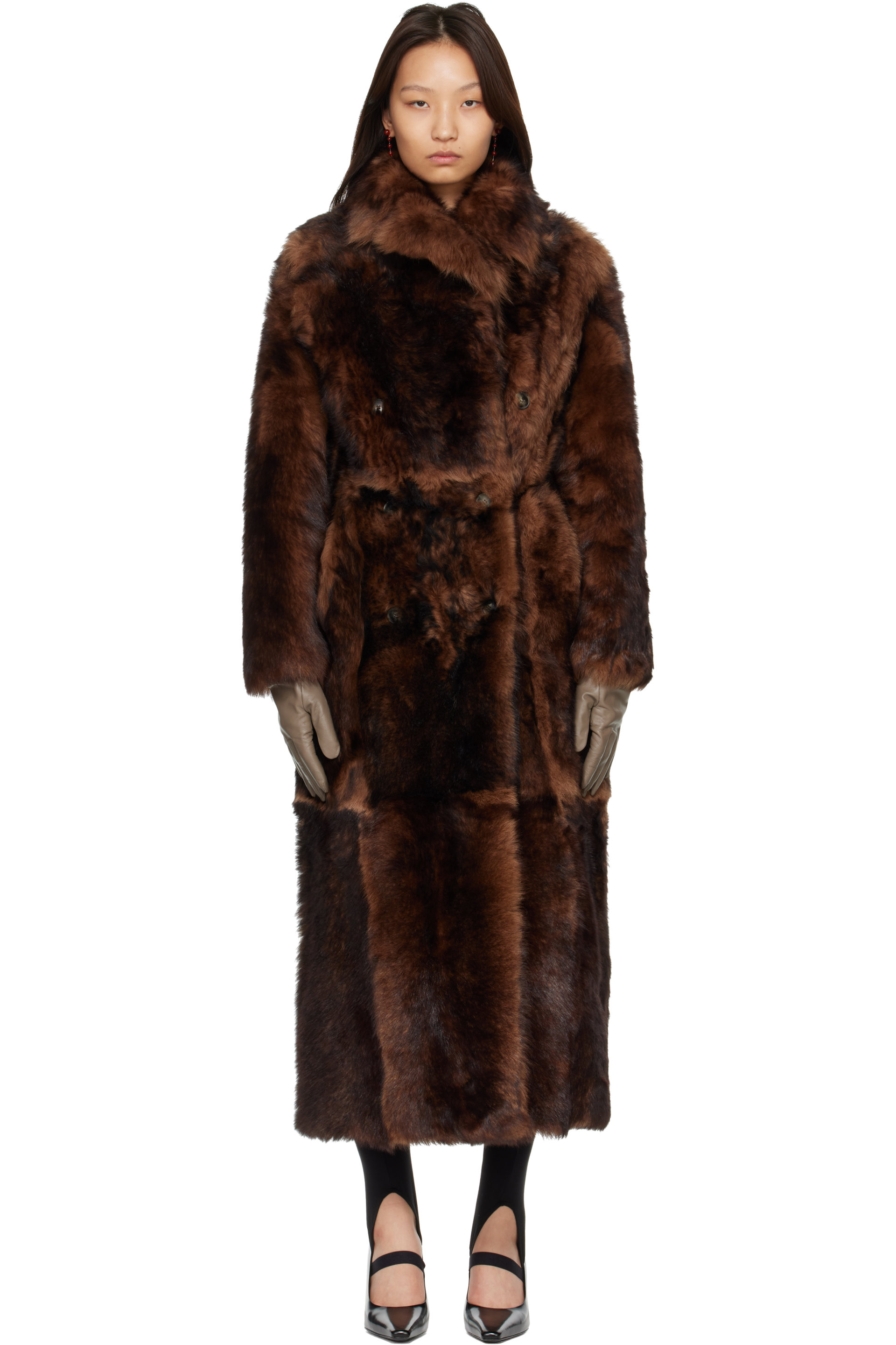 Yves Salomon - Brown Long Fur-Effect Lamb Shearling Coat