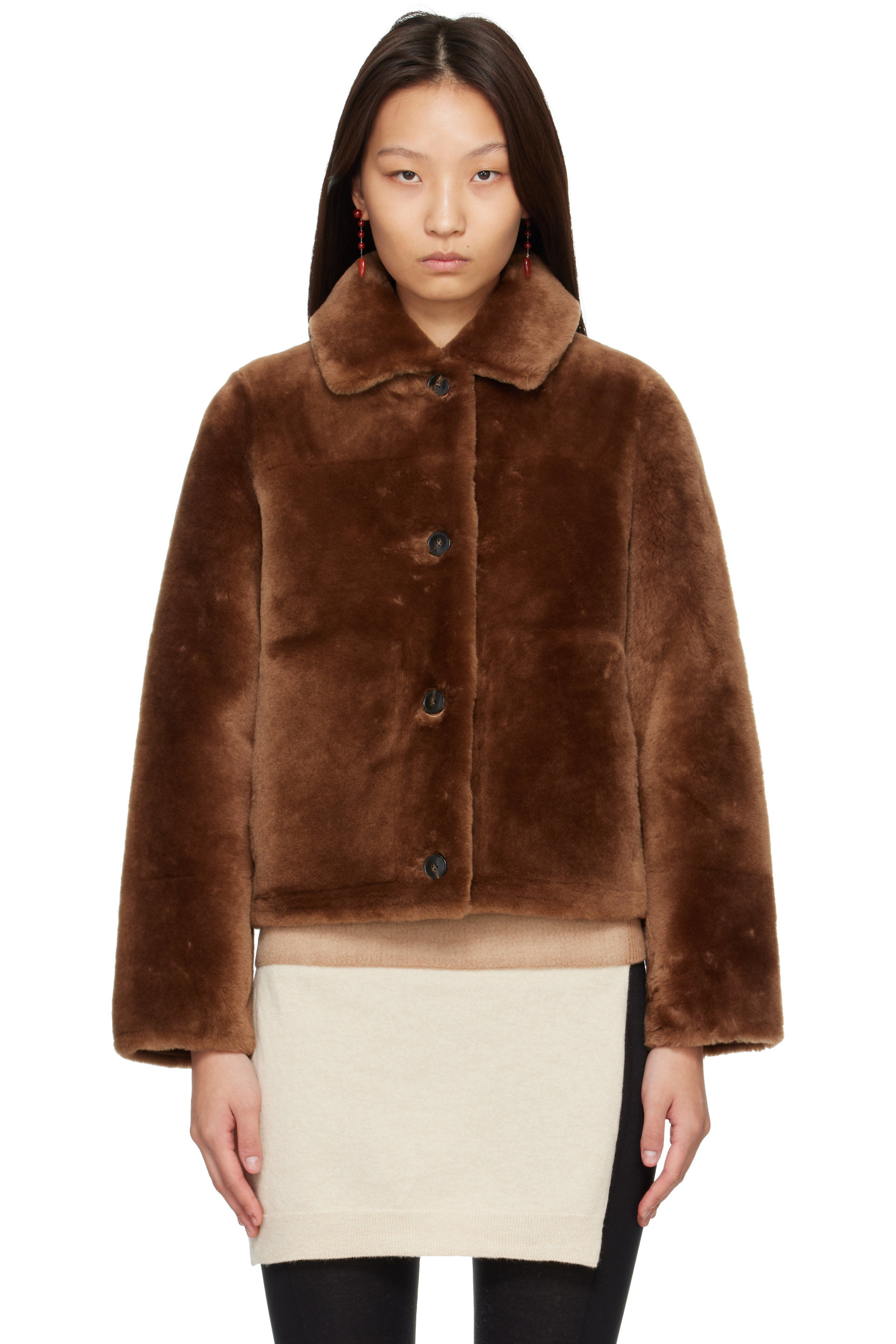 Yves Salomon - Blouson court brun en peau d'agneau retournée