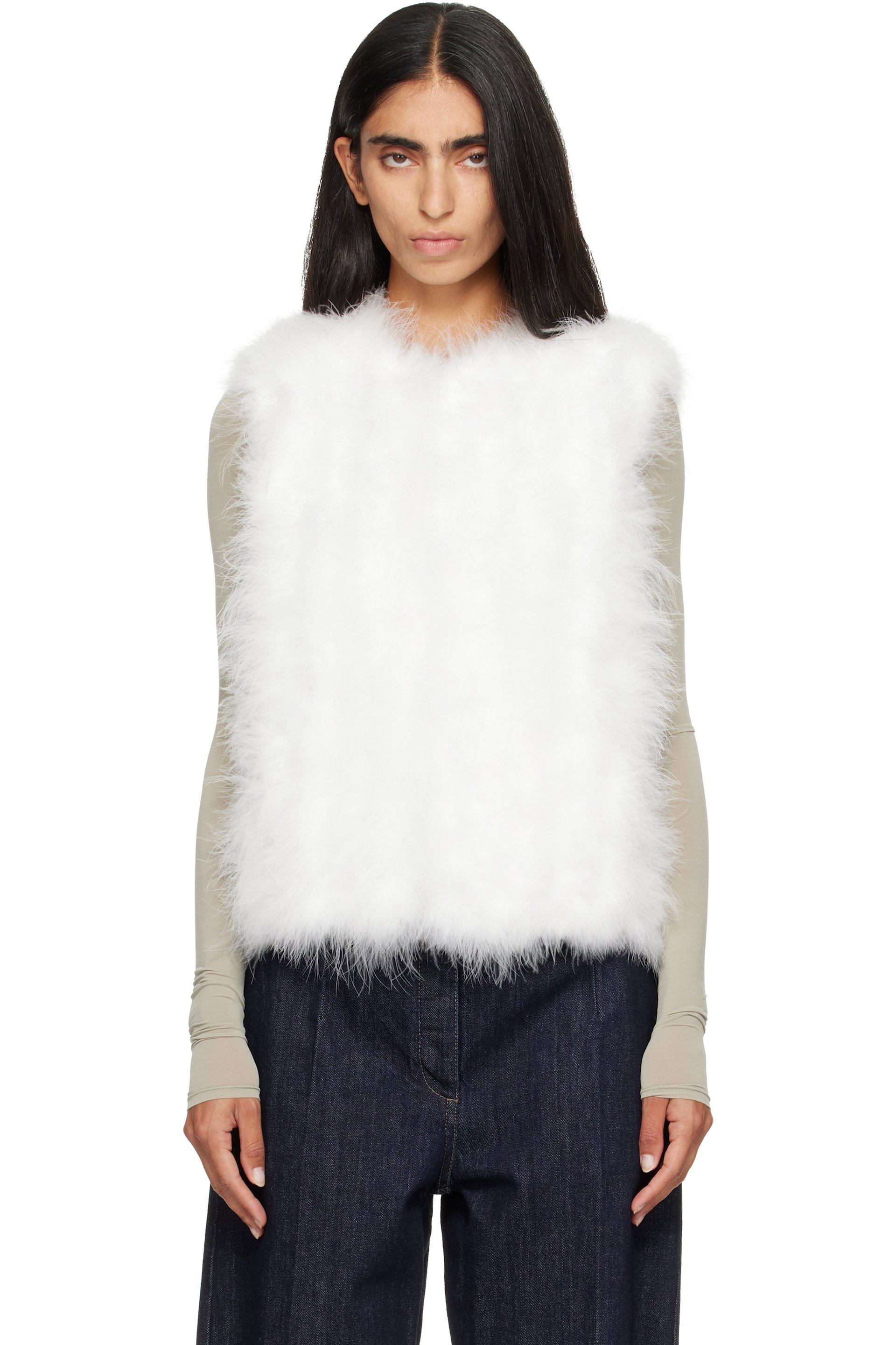 Yves Salomon - White Cropped Feather Gilet Vest