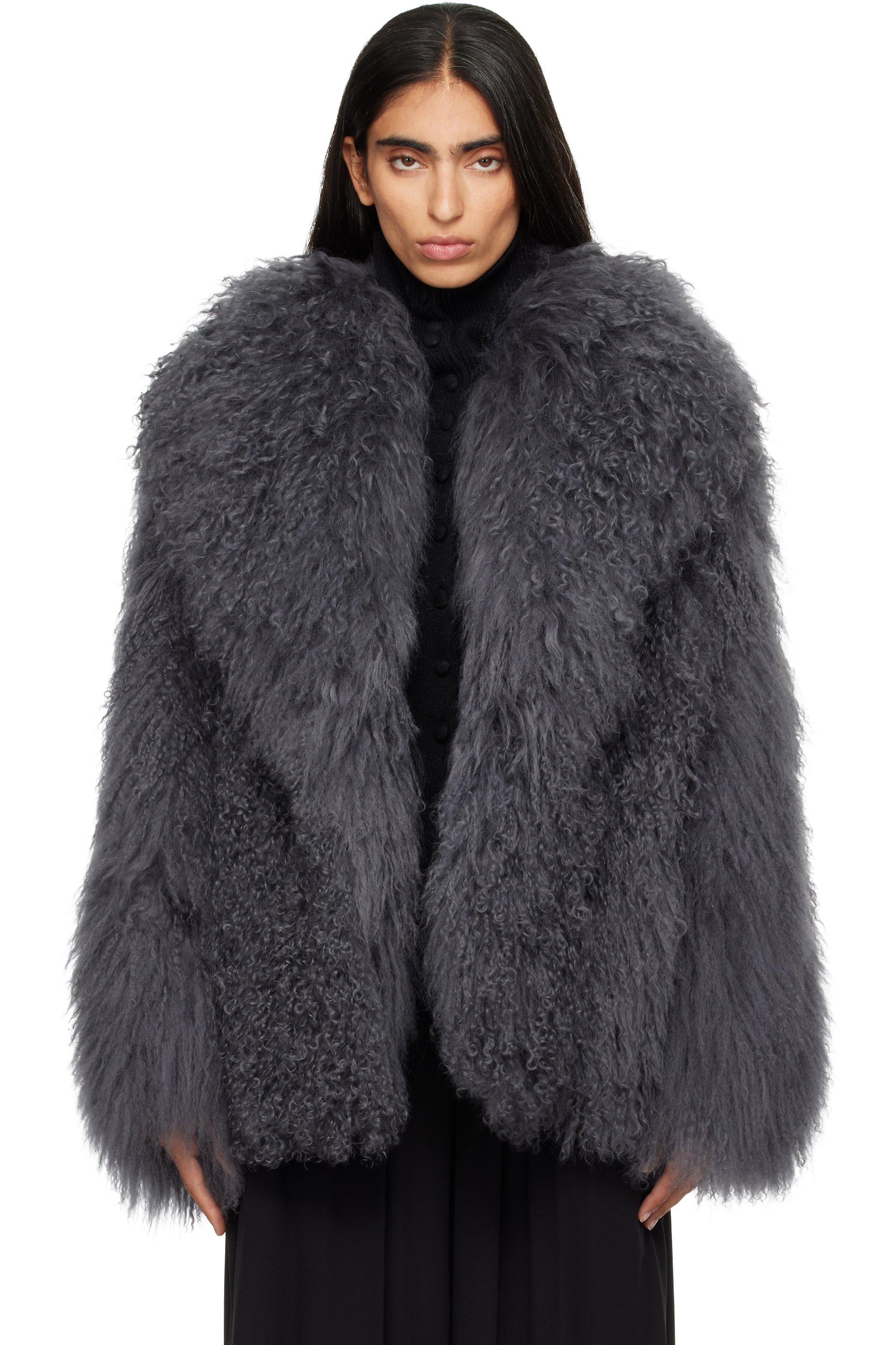 Yves Salomon - Gray Oversized Shearling Coat