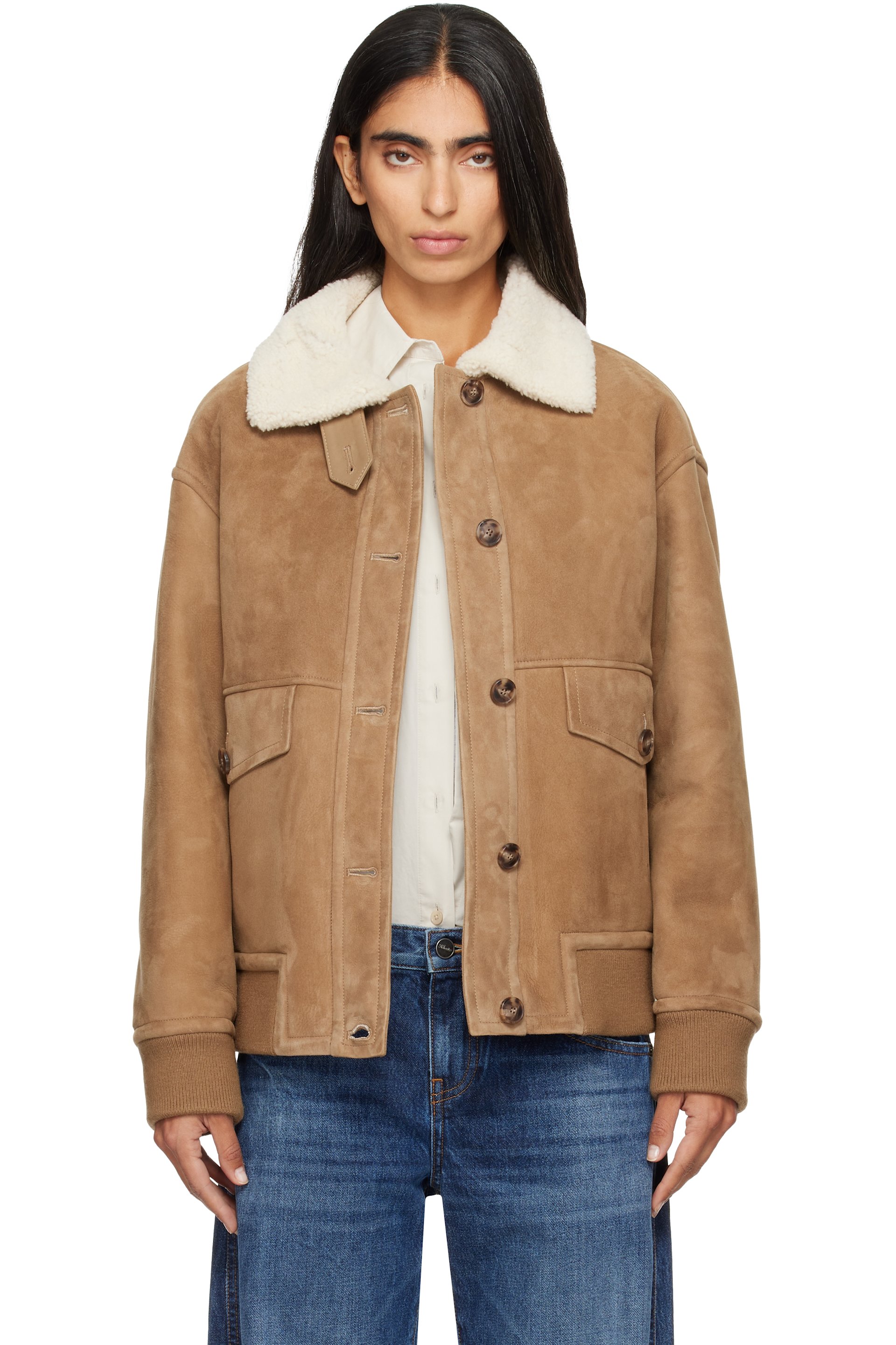 Yves Salomon - Beige Shearling Trim Suede Jacket