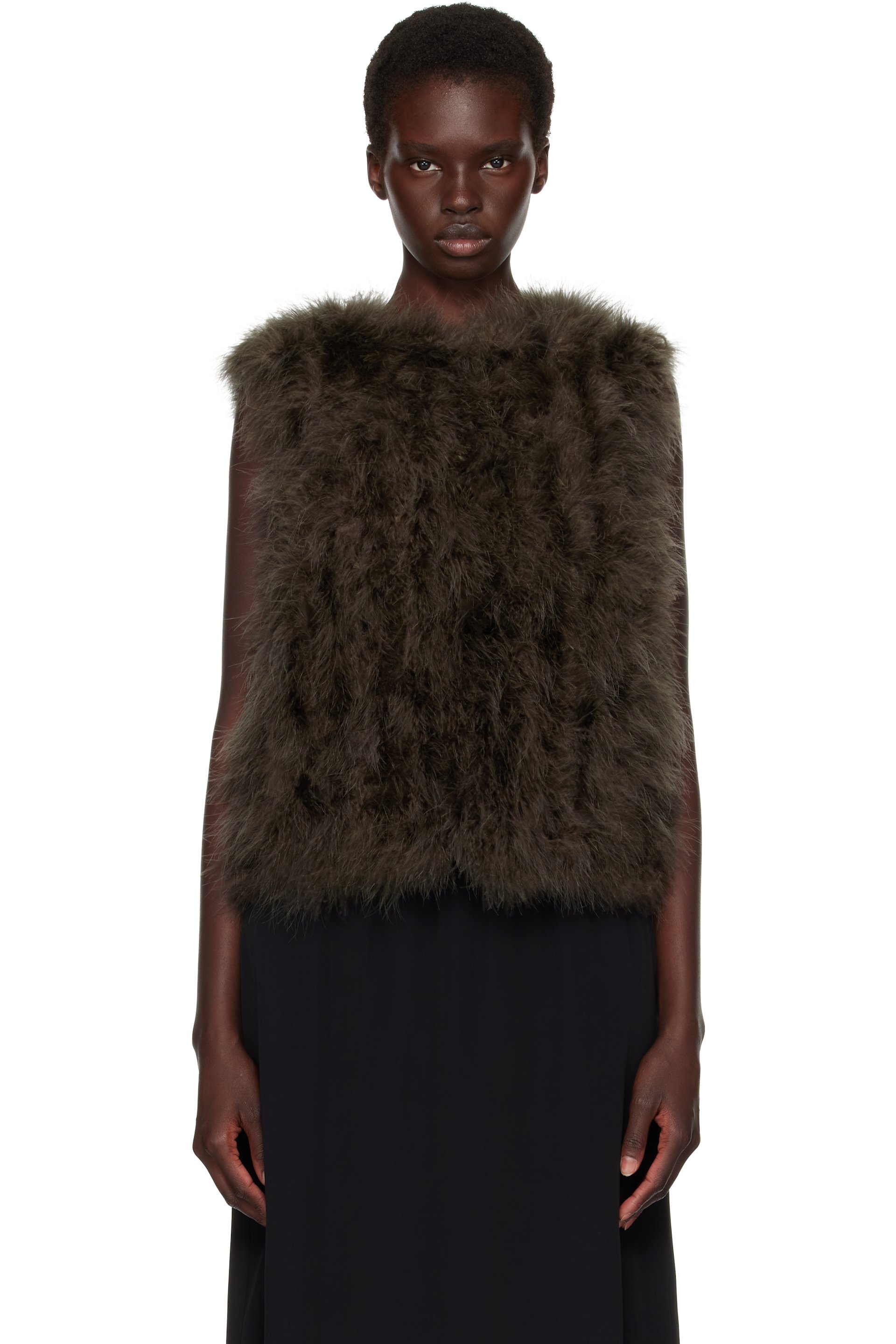 Yves Salomon - Khaki Cropped Feather Gilet Vest
