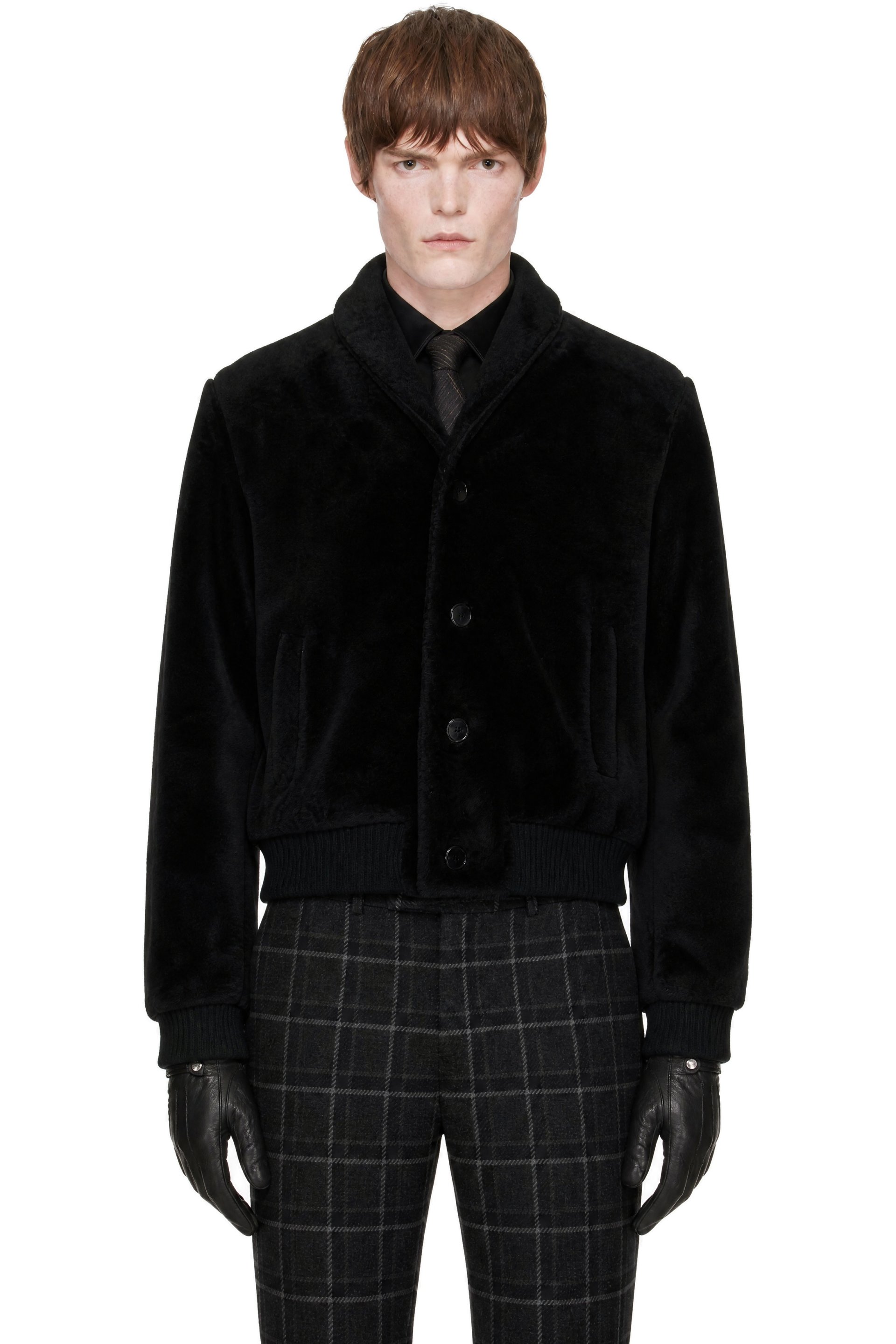 Ernest W. Baker - Black Shawl Collar Shearling Bomber Jacket