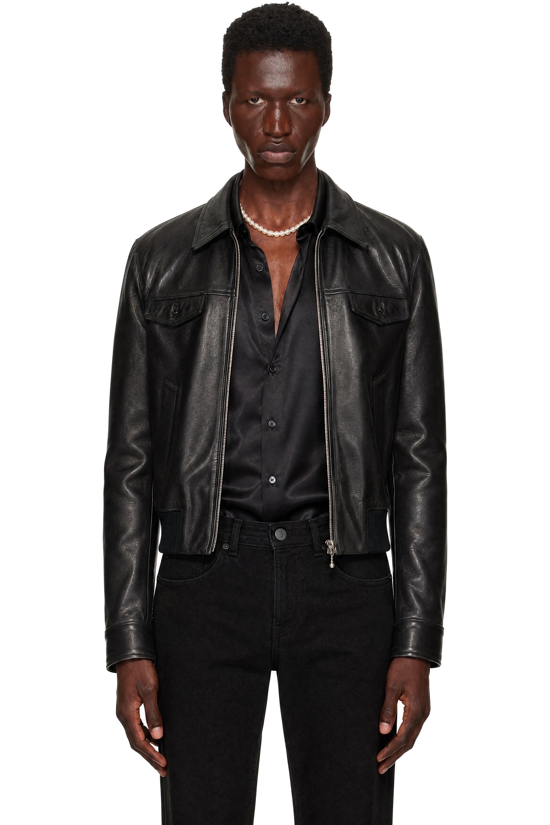 ERNEST W. BAKER - Blouson aviateur noir en cuir à matelassage