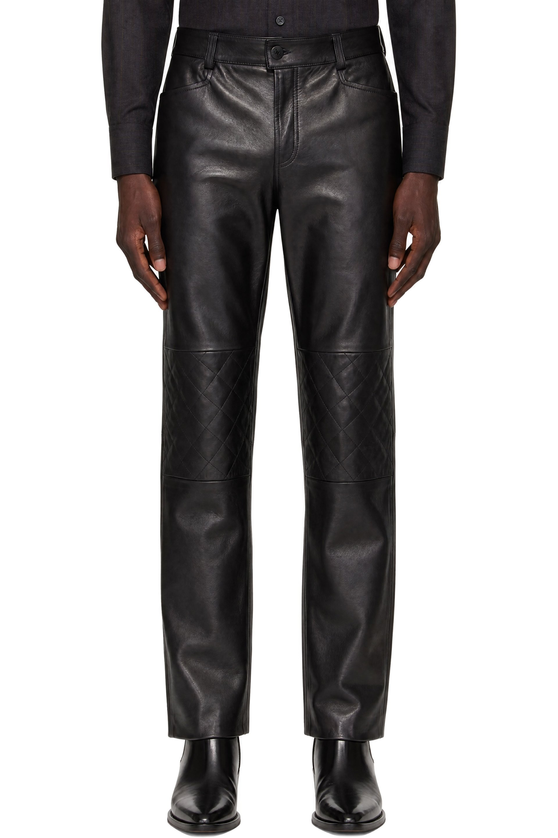 Ernest W. Baker - Black Quilted Knee Leather Trousers