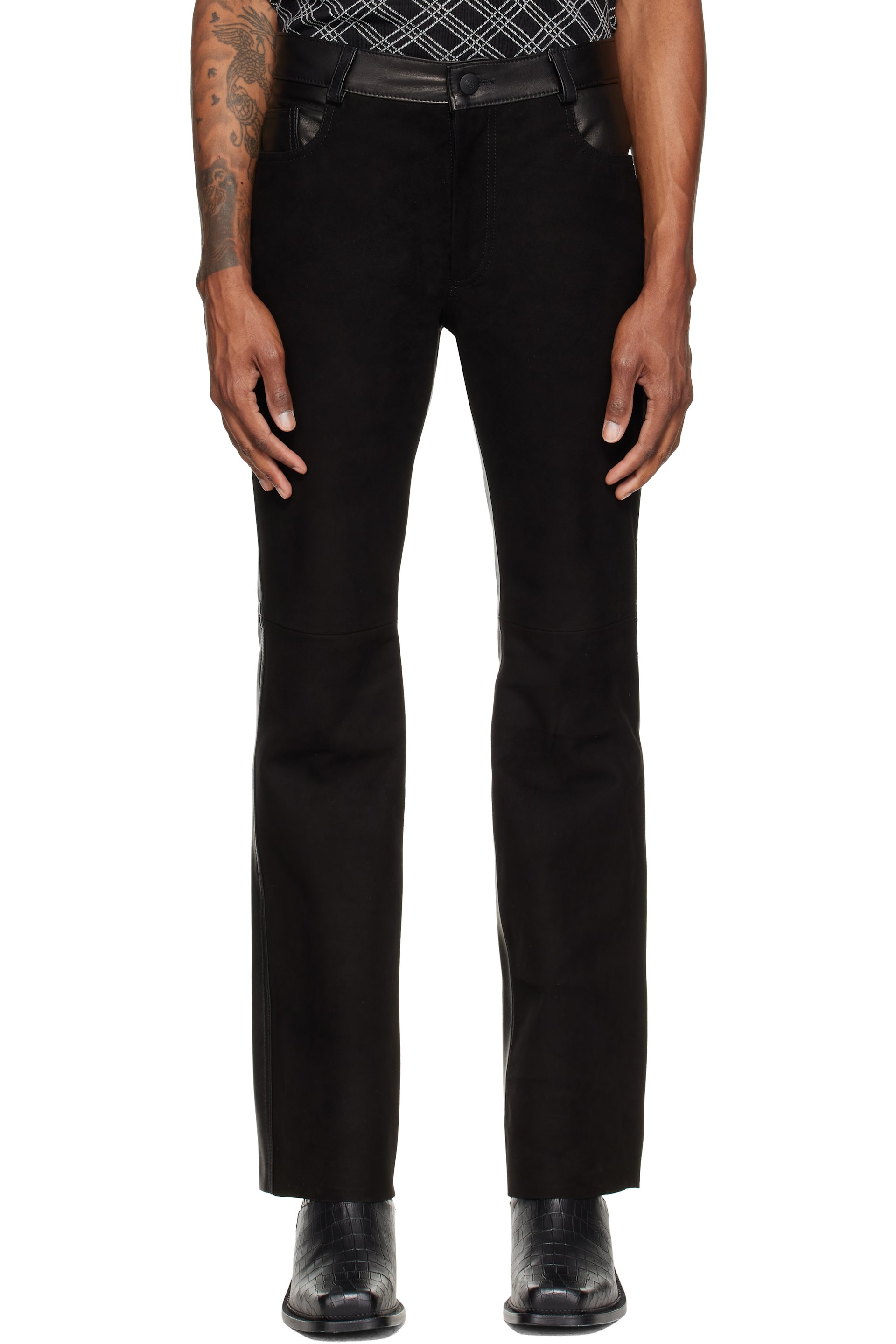 Ernest W. Baker - Black Five Pocket Leather & Suede Trousers