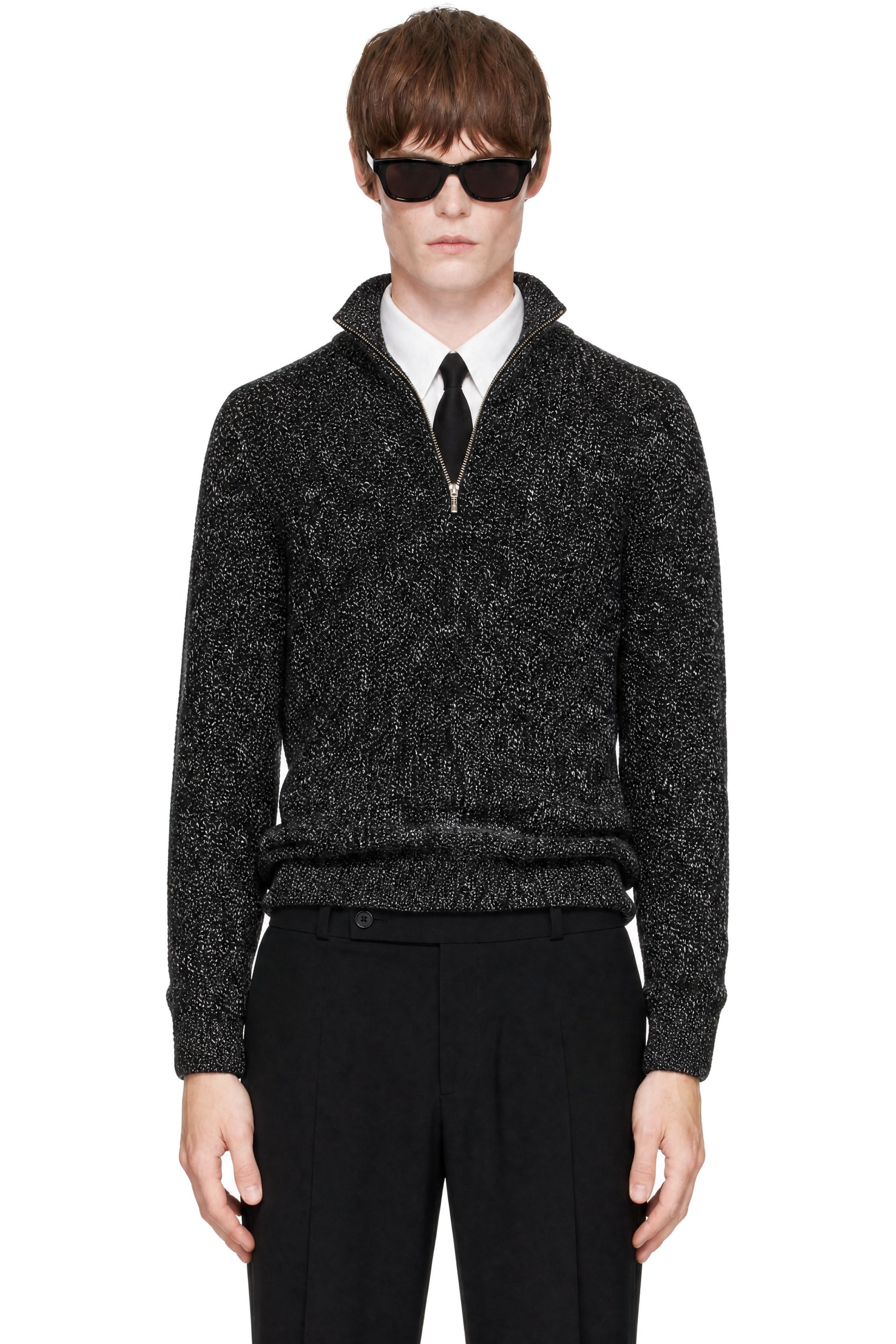 Ernest W. Baker - Black & Off-White Tweed Half-Zip Polo