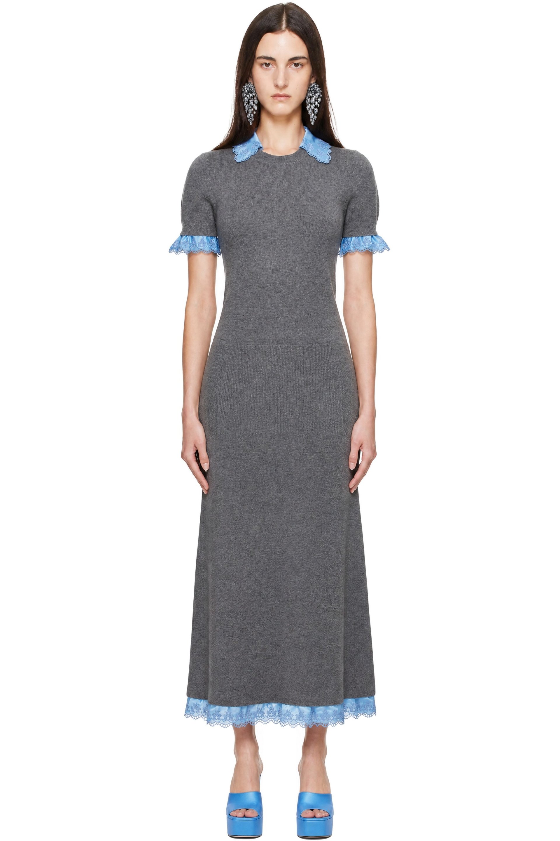 Rabanne - Gray & Blue Wool Cashmere Short-Sleeve Midi Dress