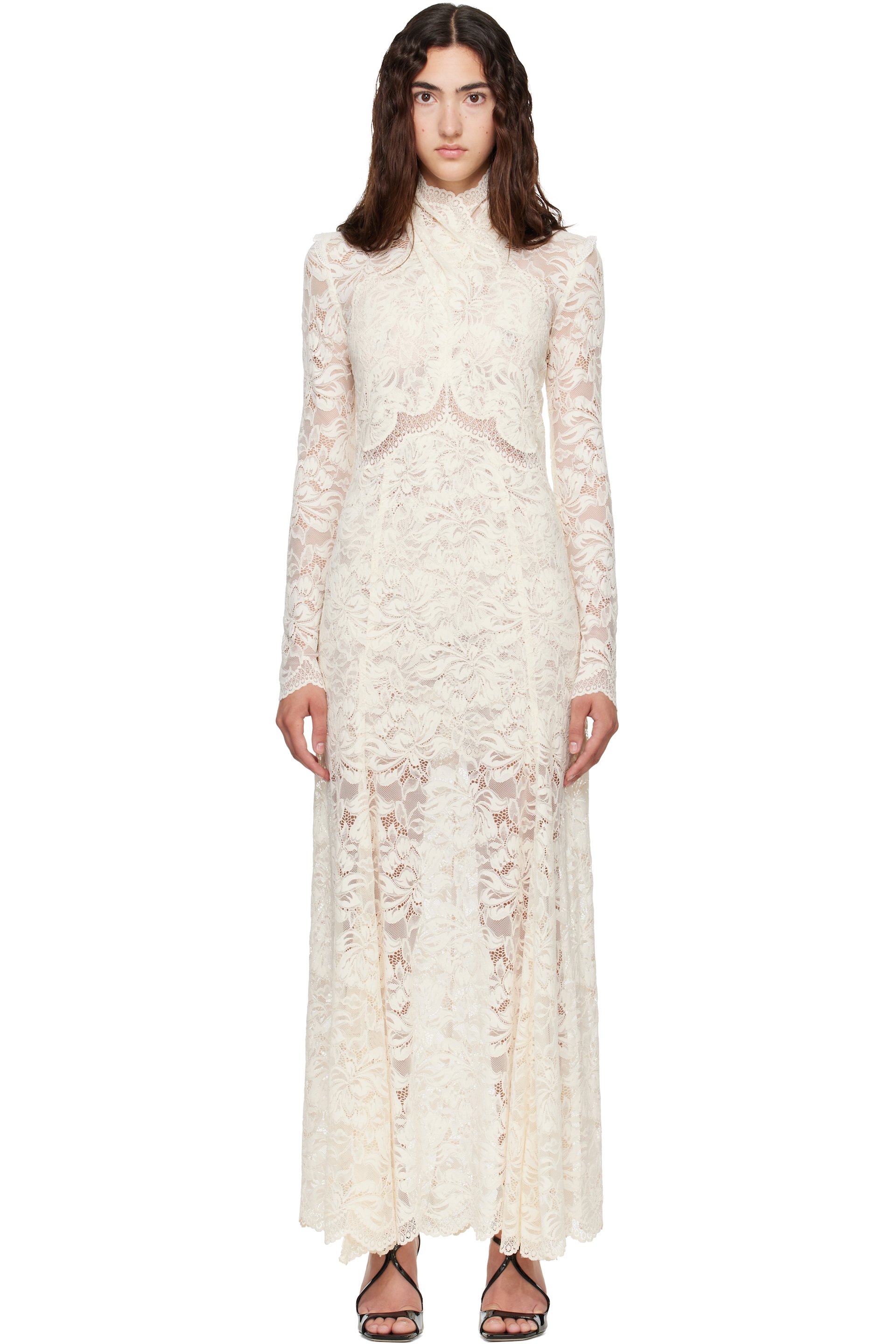 Rabanne - Off-White Cut-Out Details Lace Maxi Dress