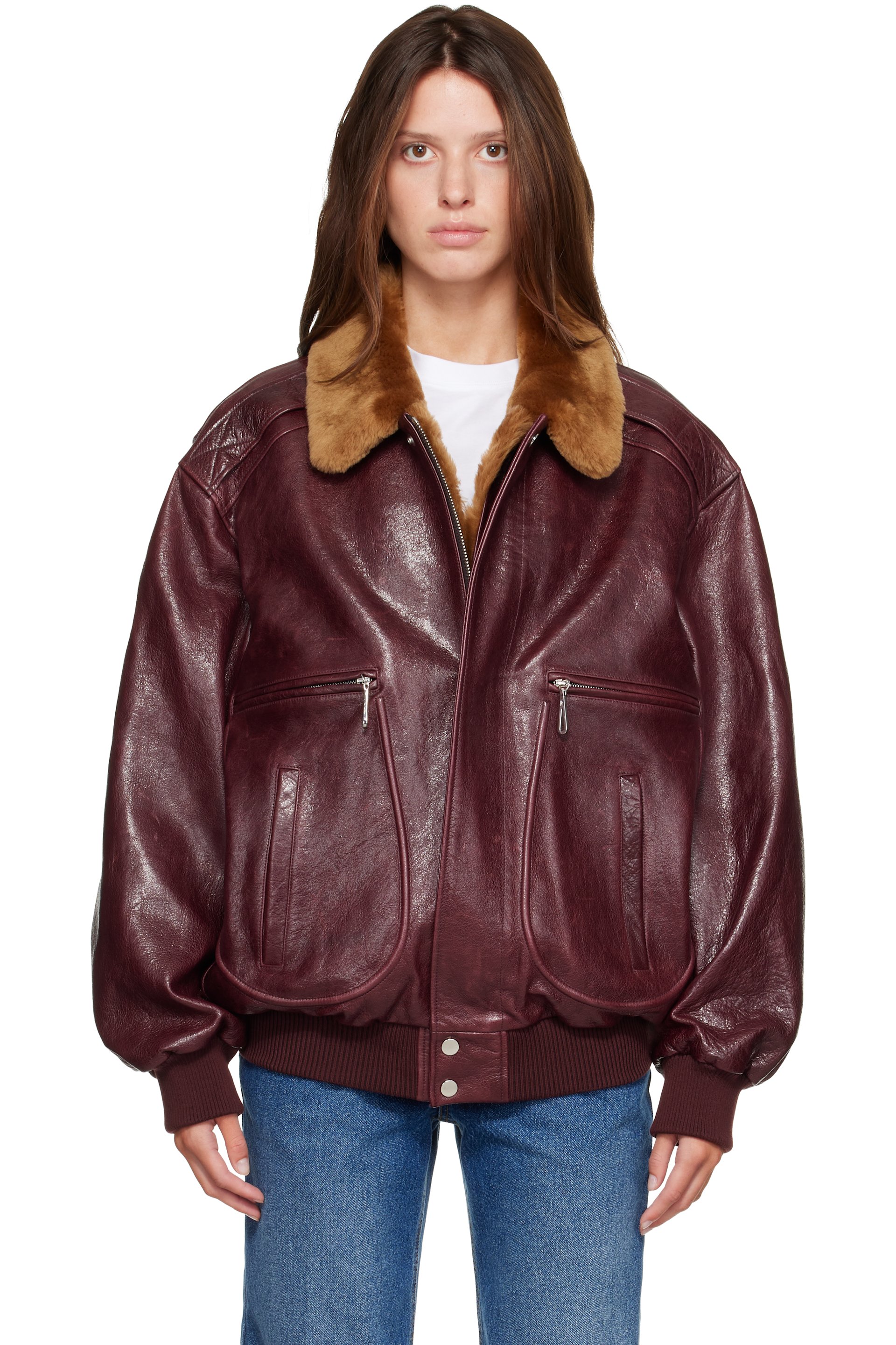 Rabanne - Burgundy Textured Leather Bomber Jacket